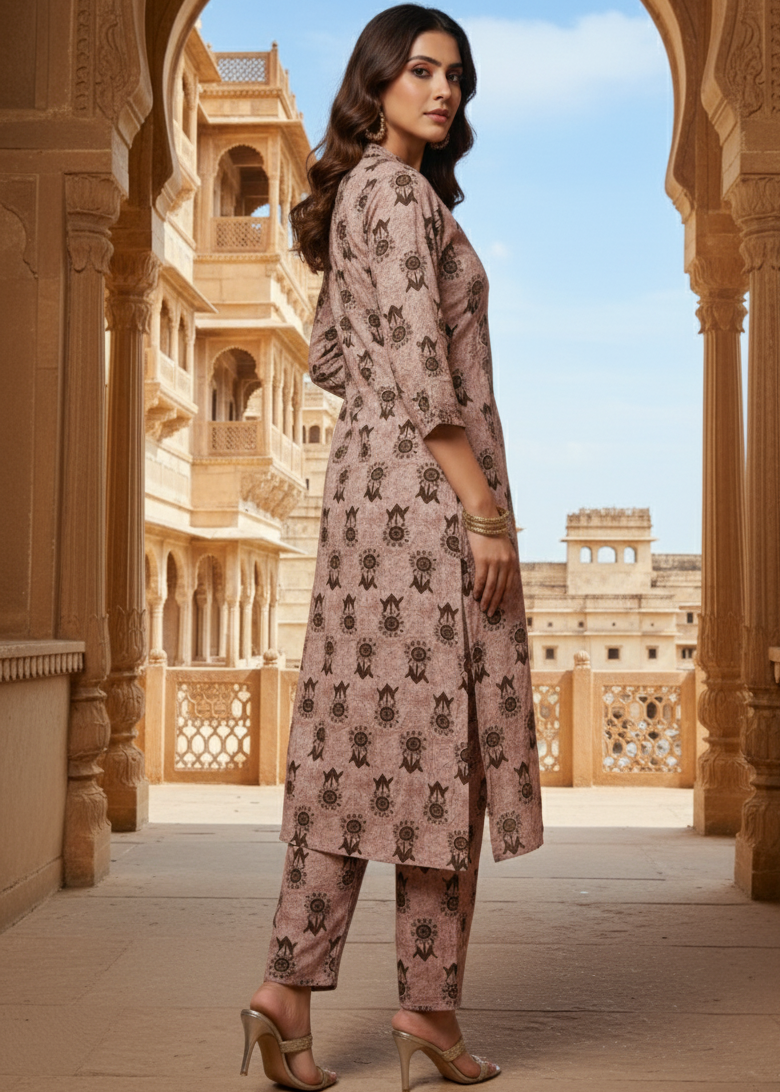 Coffee Beige Tribal Printed Sequin Kurti