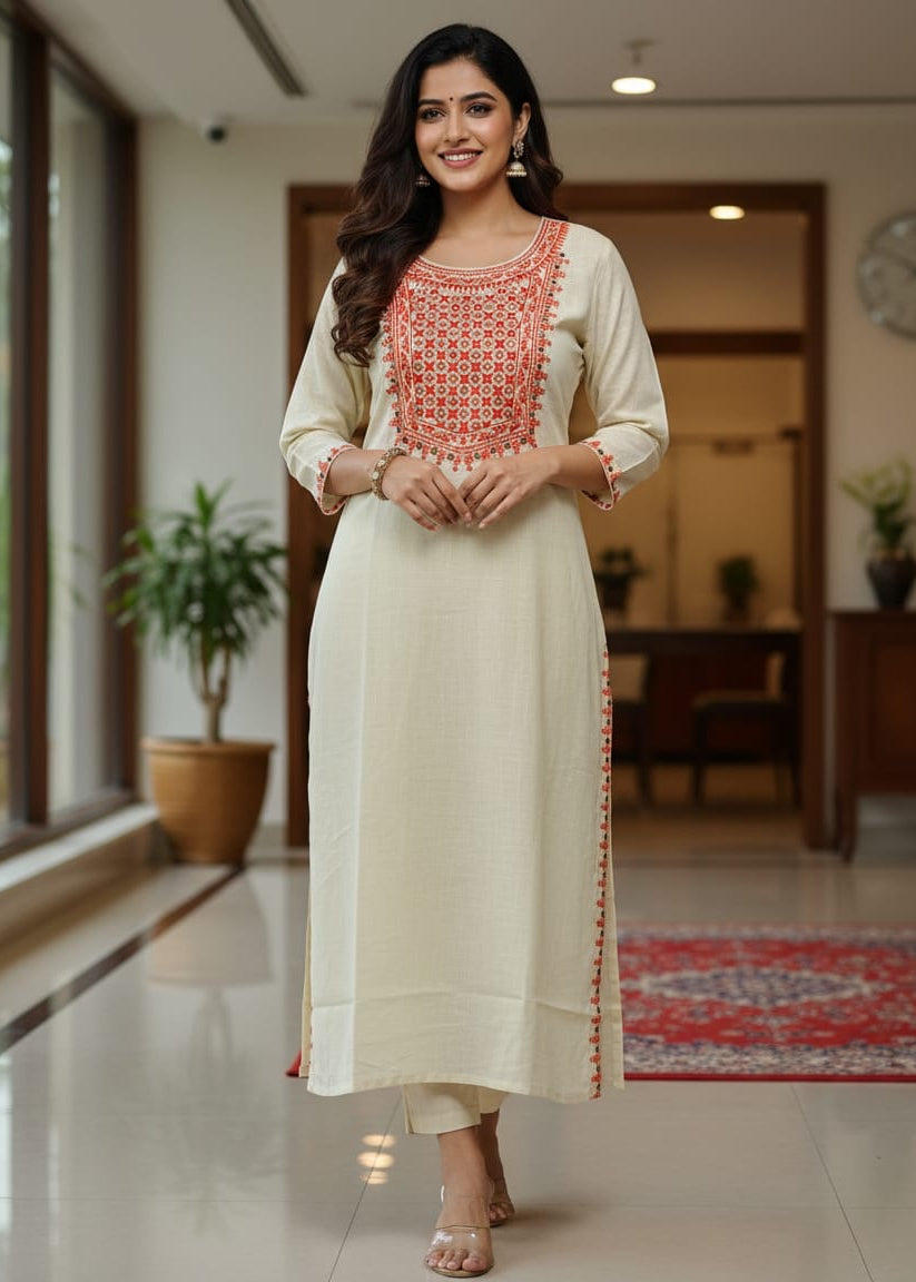 Cream Orange Embroidered Mirror Work Kurti