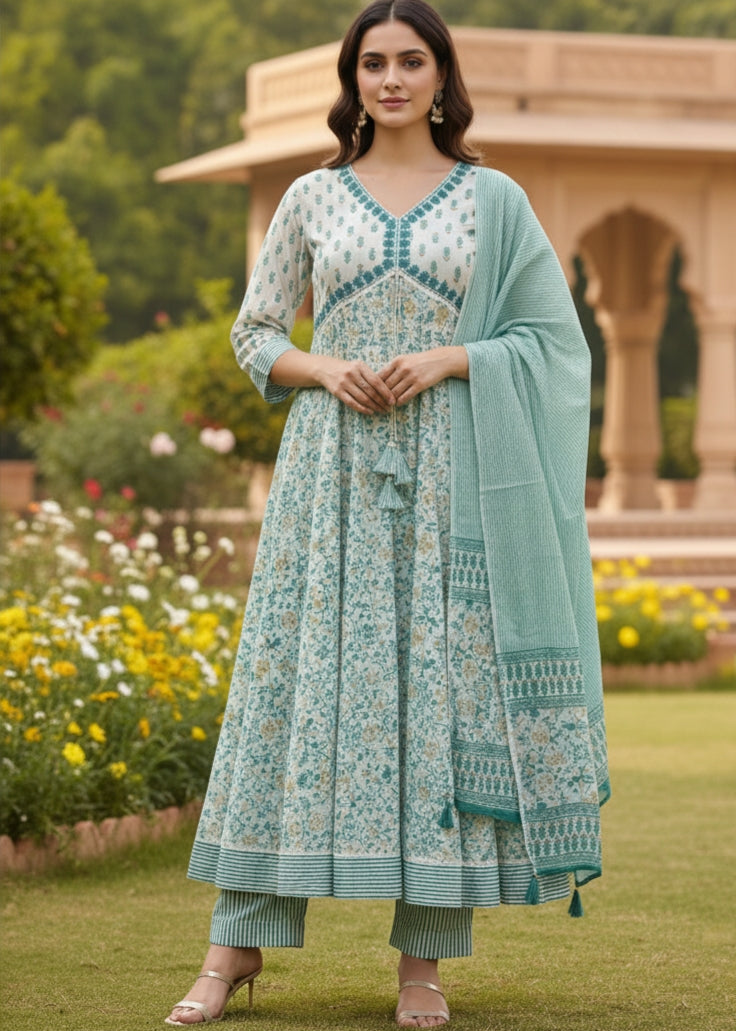 Cream & Aqua Embroidered Floral Kurti Set