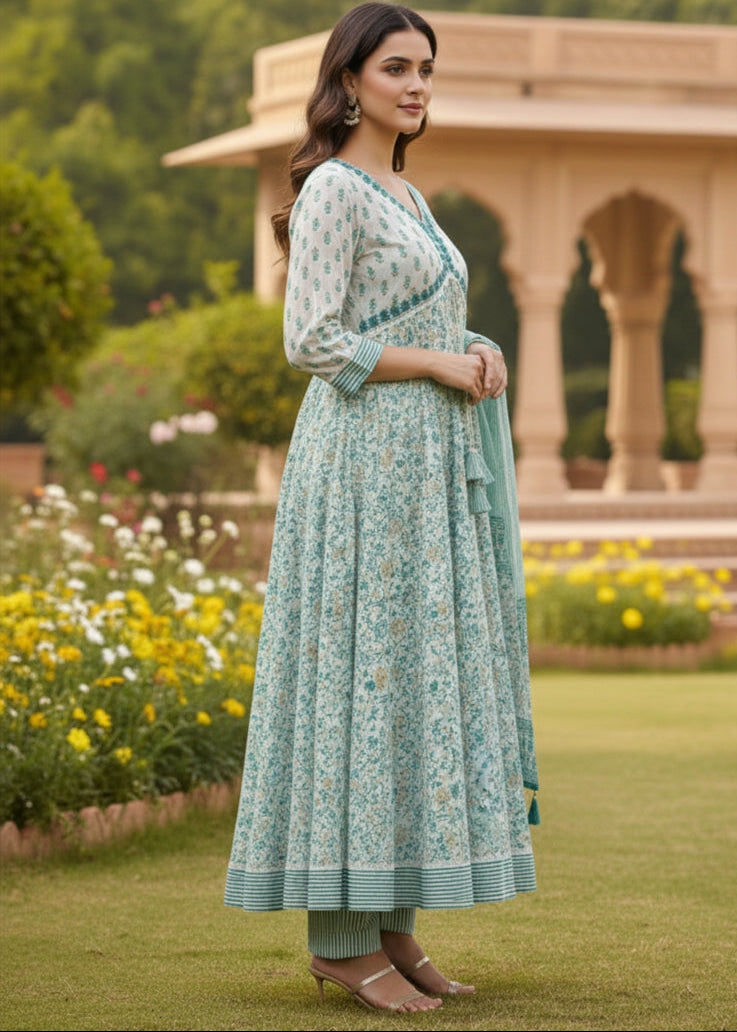 Cream & Aqua Embroidered Floral Kurti Set