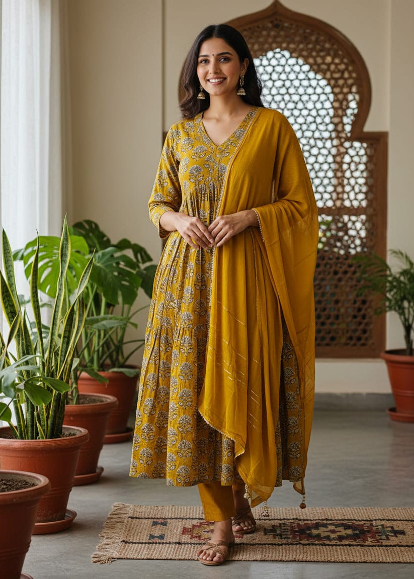 Mustard Yellow Floral Print Kurti With Sequin