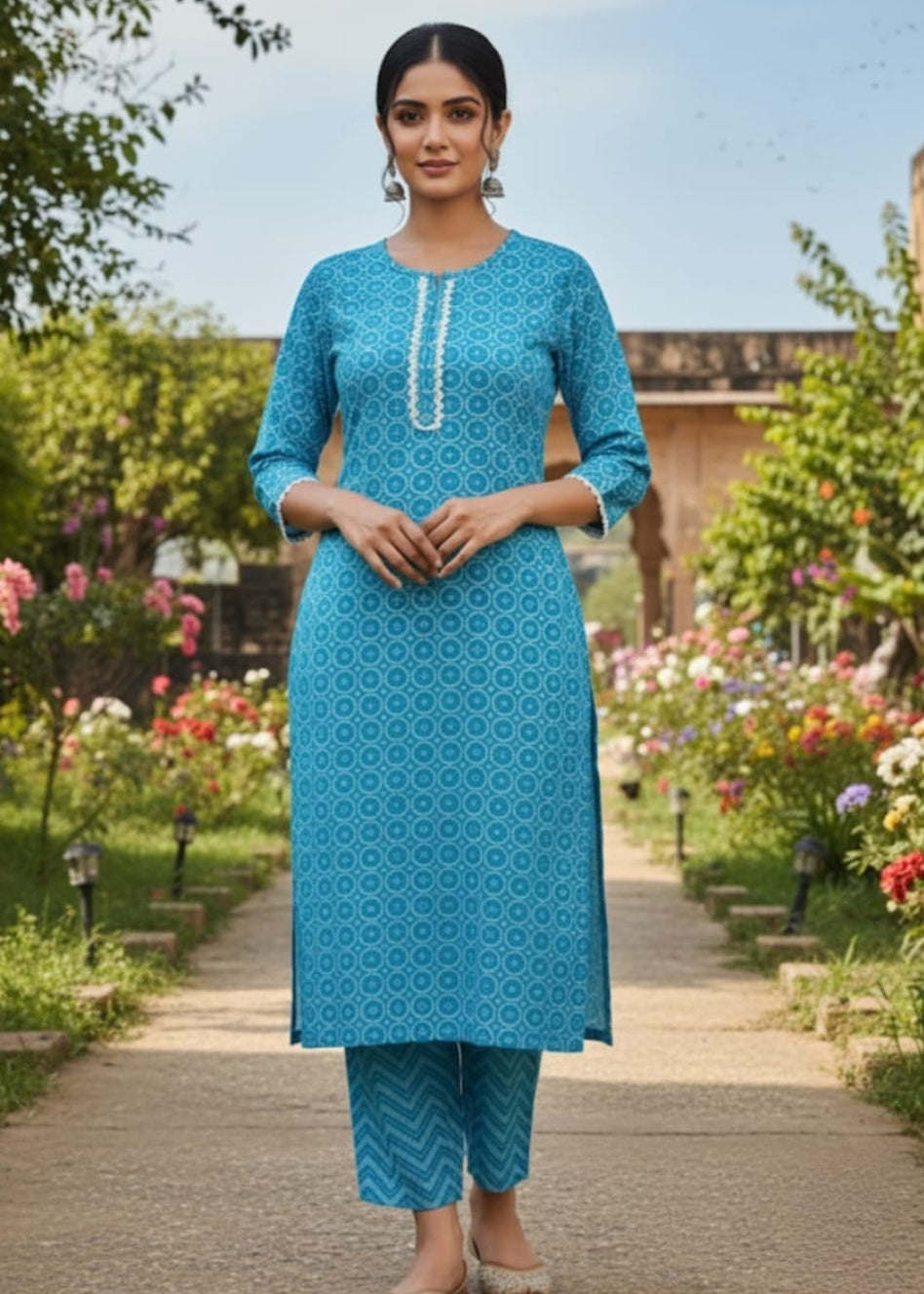 Turquoise Blue Jaipuri Print Kurti