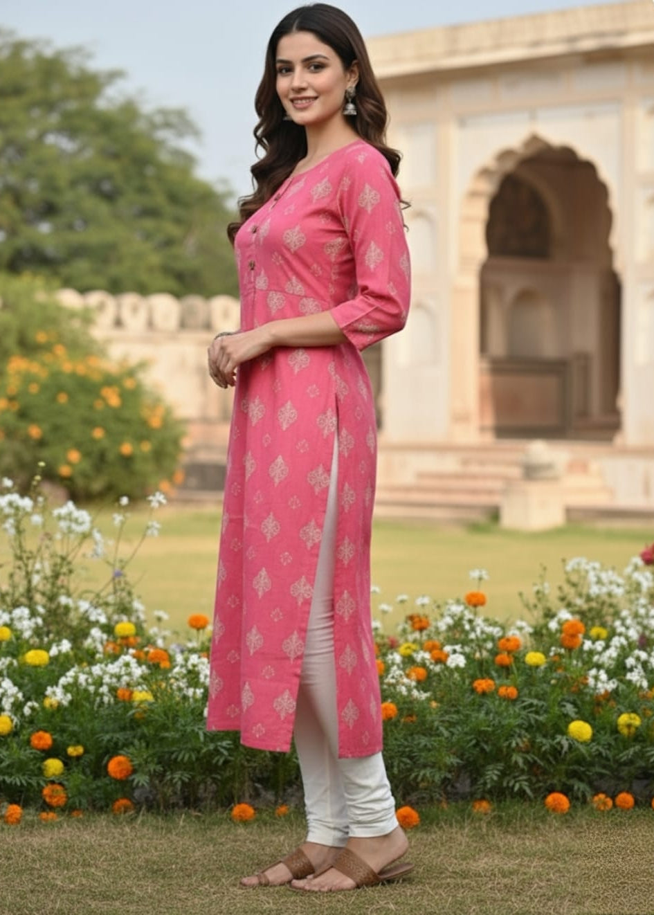 Rose Glow Printed Kurti With Designer Buttons