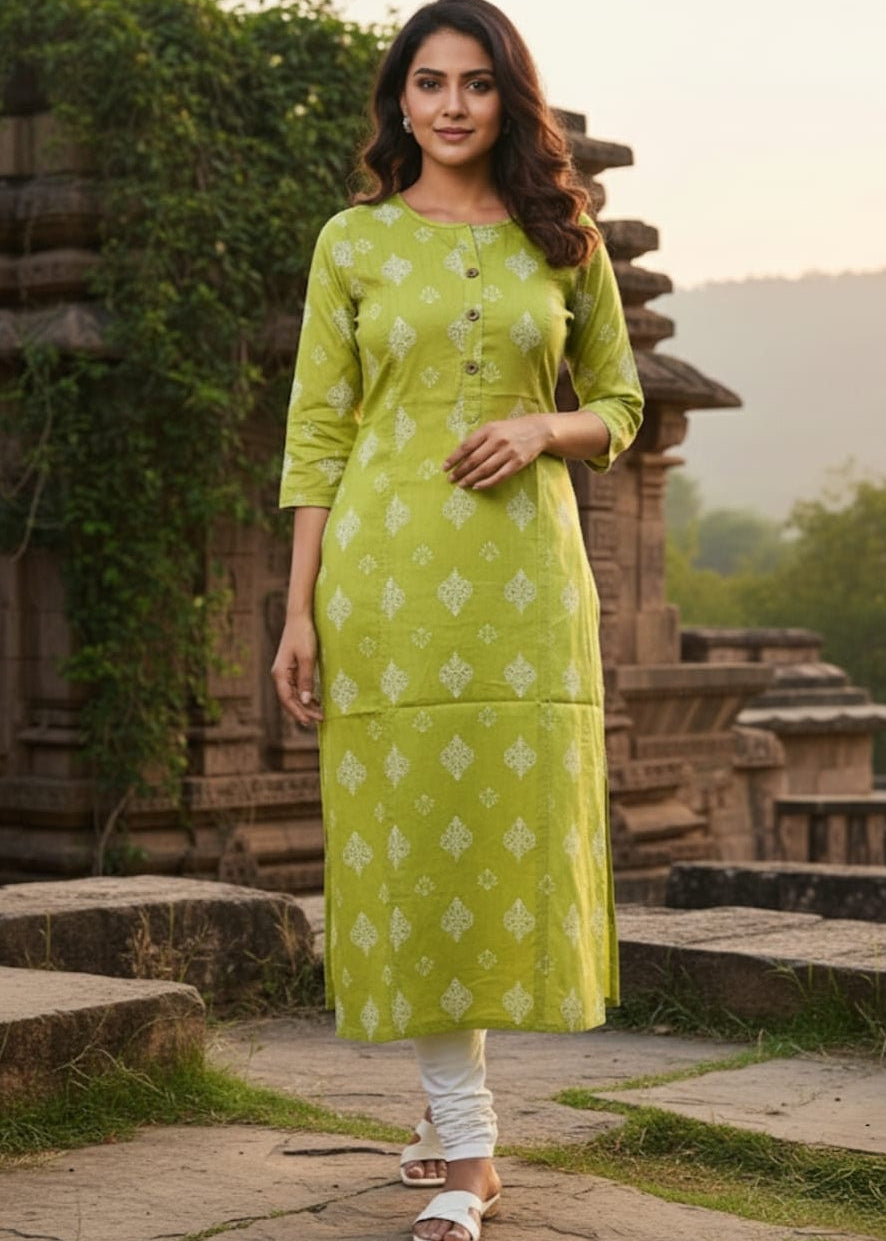 Olive Green Printed Kurti With Designer Buttons