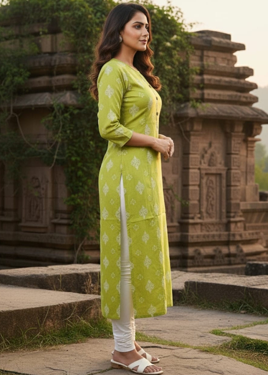 Olive Green Printed Kurti With Designer Buttons