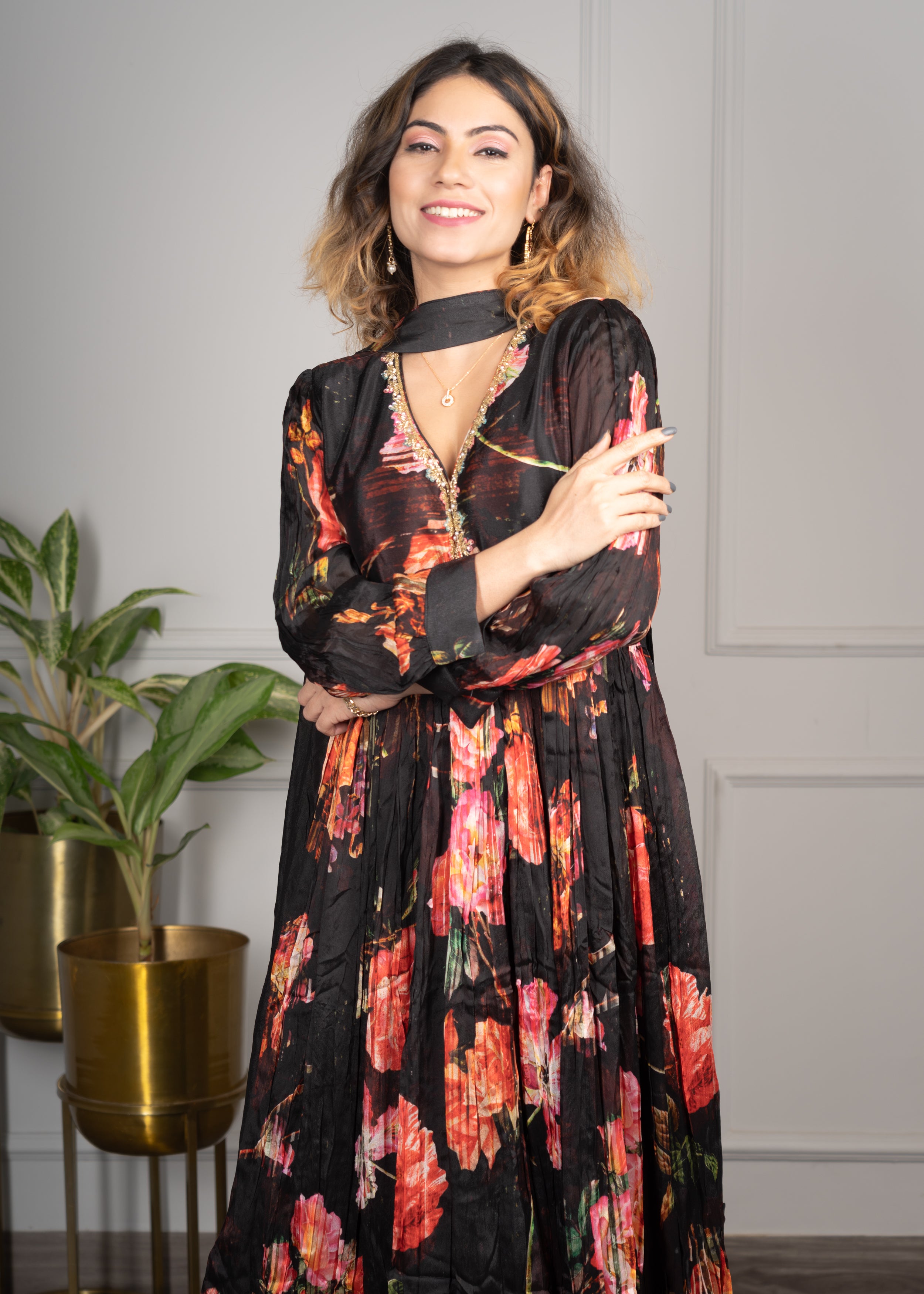 Black Floral Alia Cut Anarkali with Stylish Dupatta❤️
