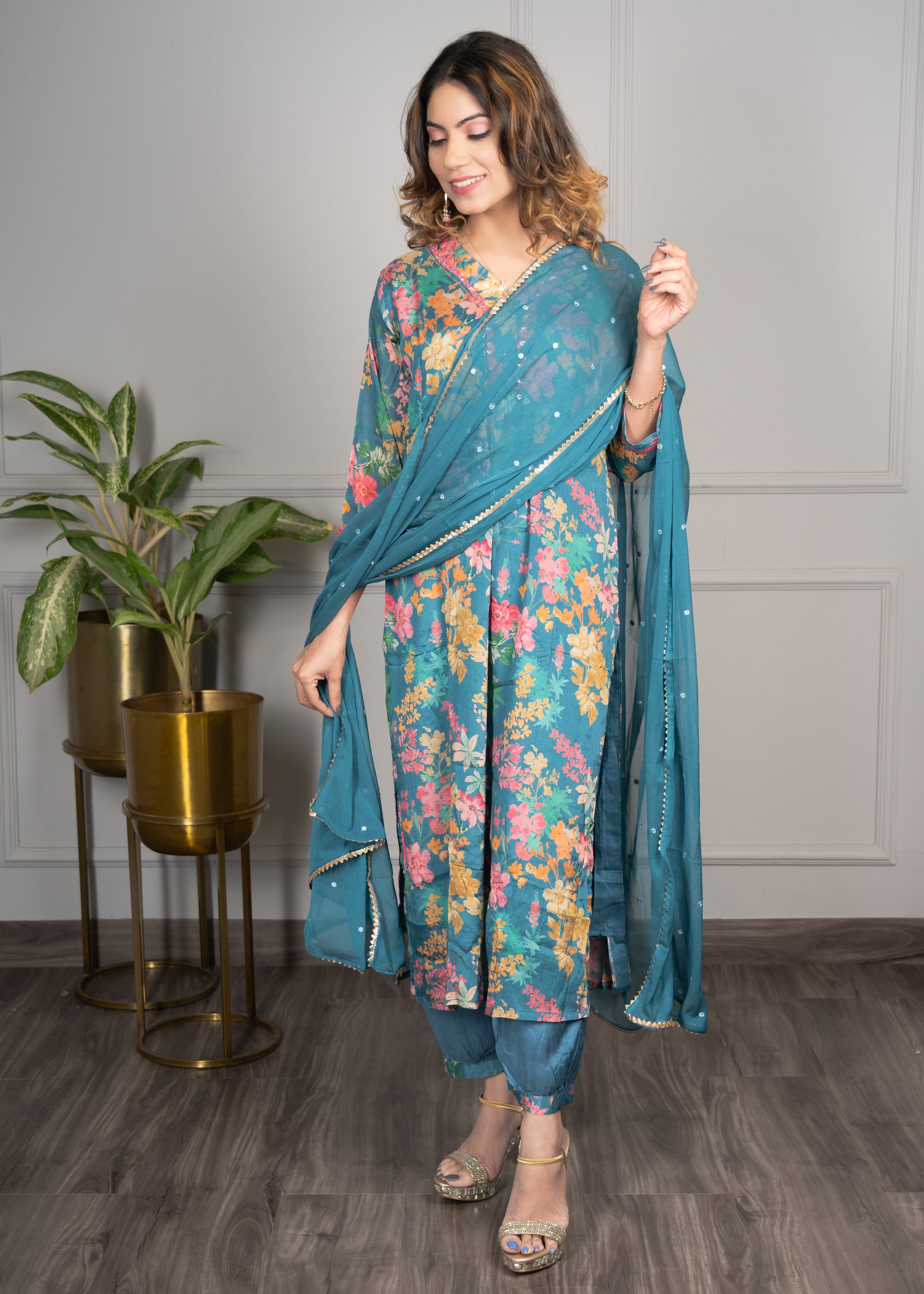 Rama Straight Floral Kurta with Afgani Salwar