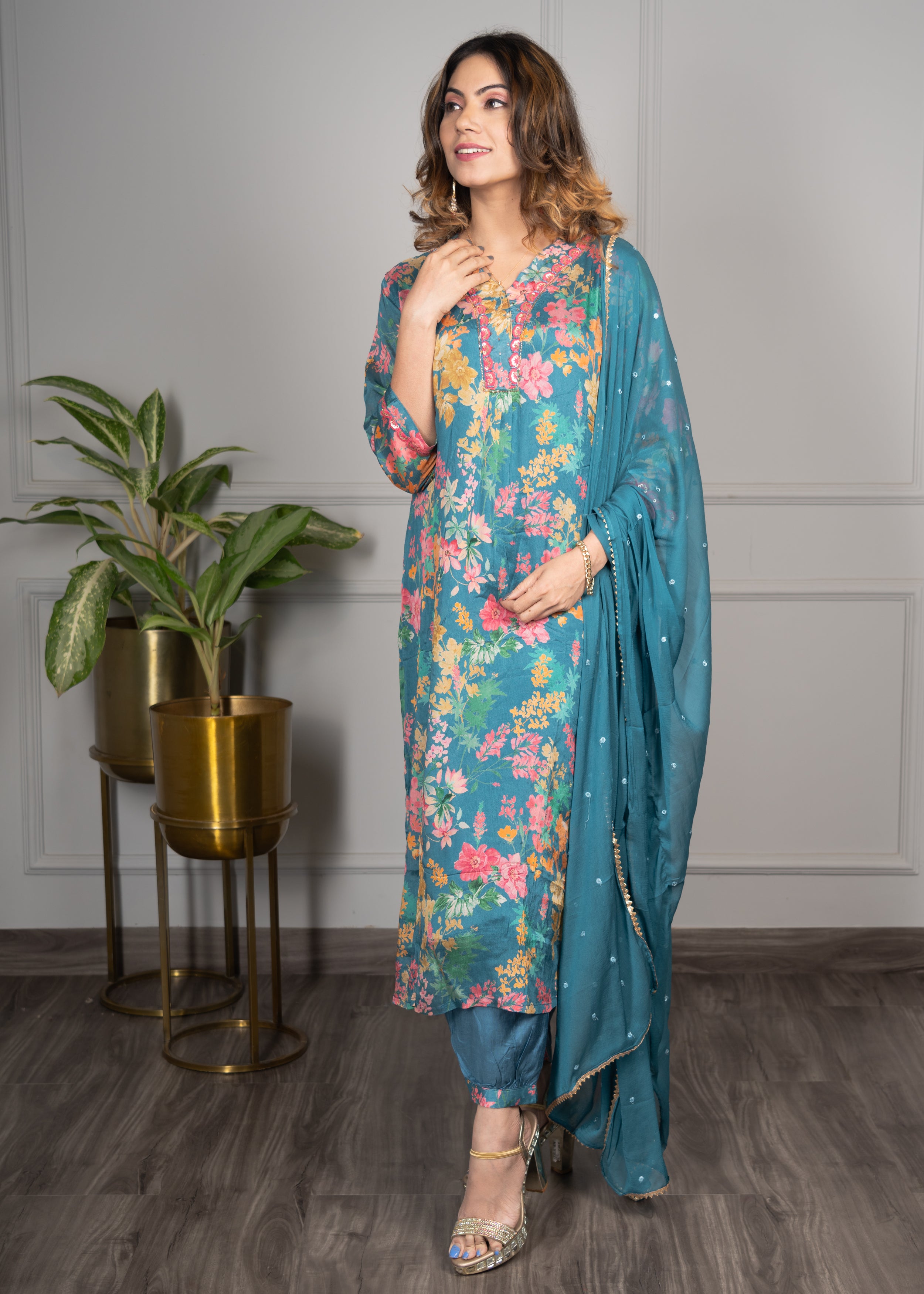 Rama Straight Floral Kurta with Afgani Salwar