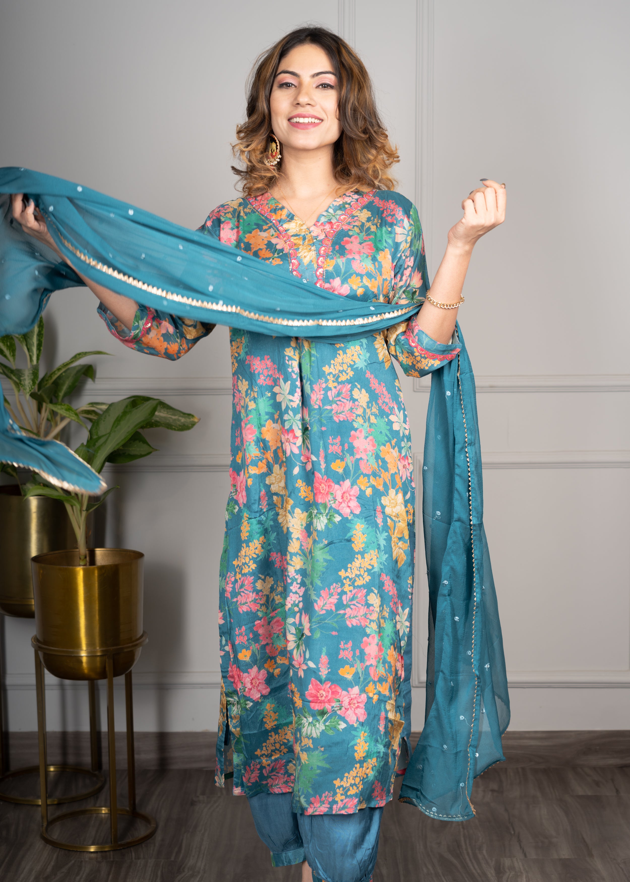 Rama Straight Floral Kurta with Afgani Salwar
