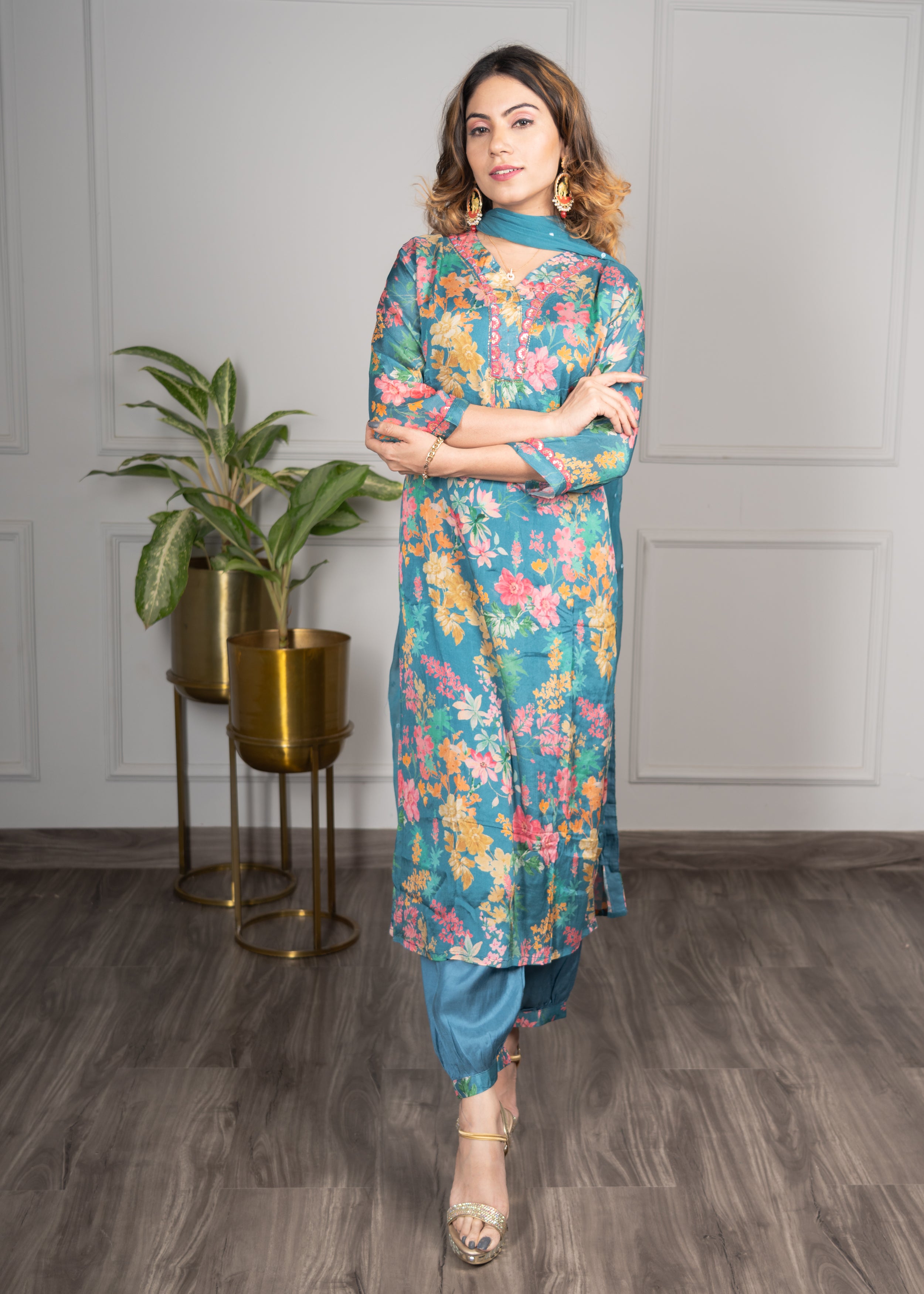 Rama Straight Floral Kurta with Afgani Salwar