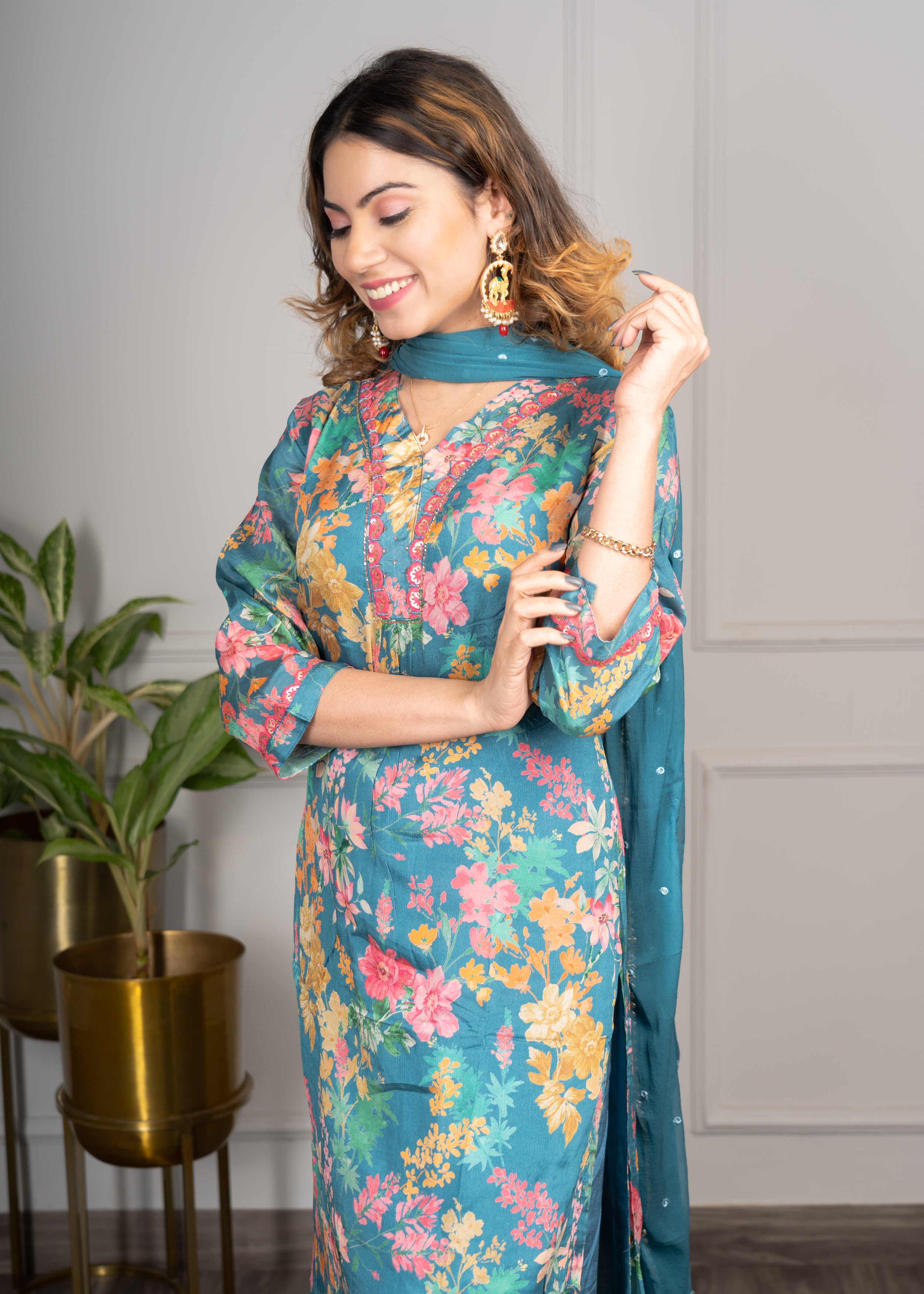 Rama Straight Floral Kurta with Afgani Salwar