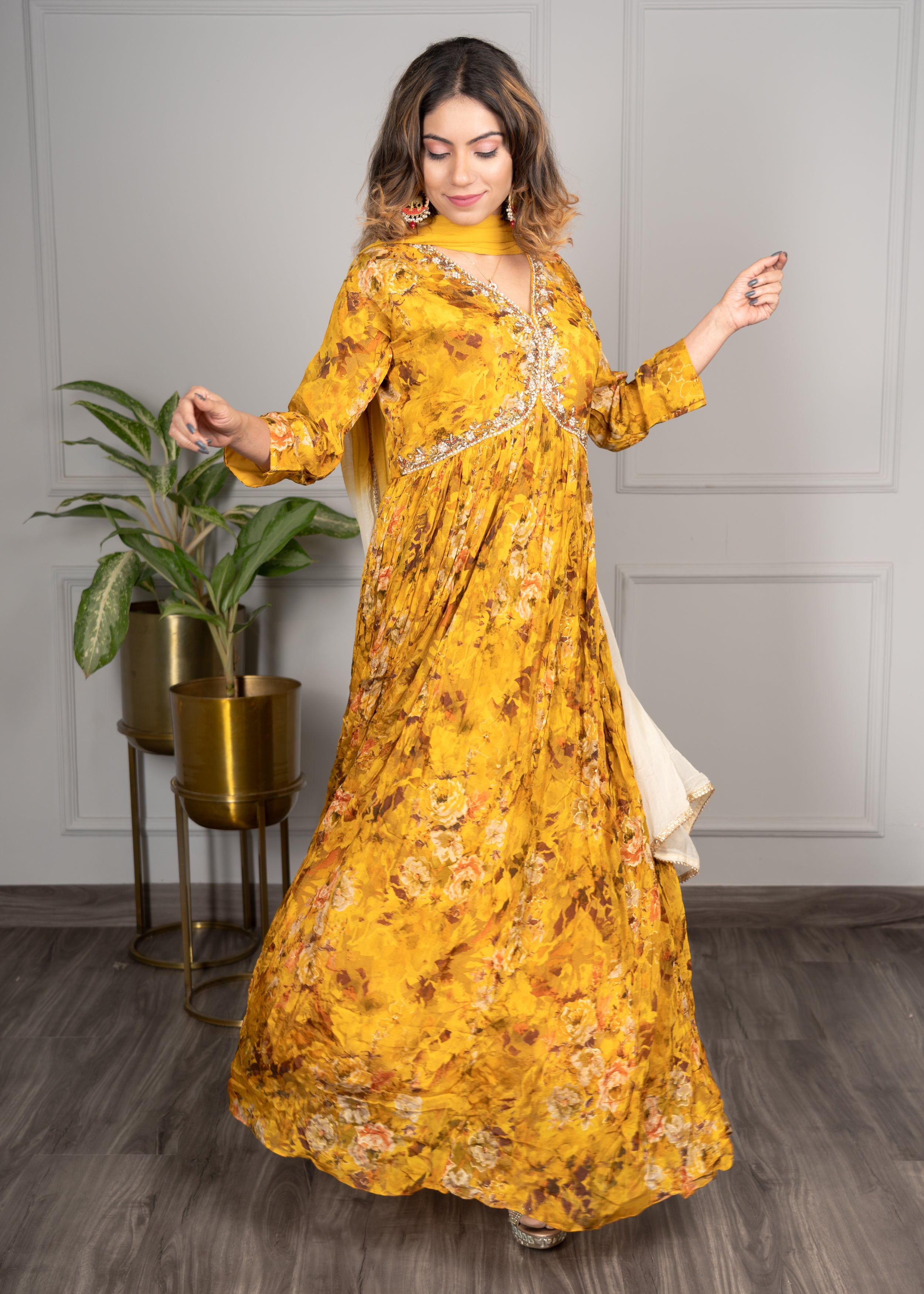 Yellow Floral Alia Cut Anarkali with Stylish Duppata💛