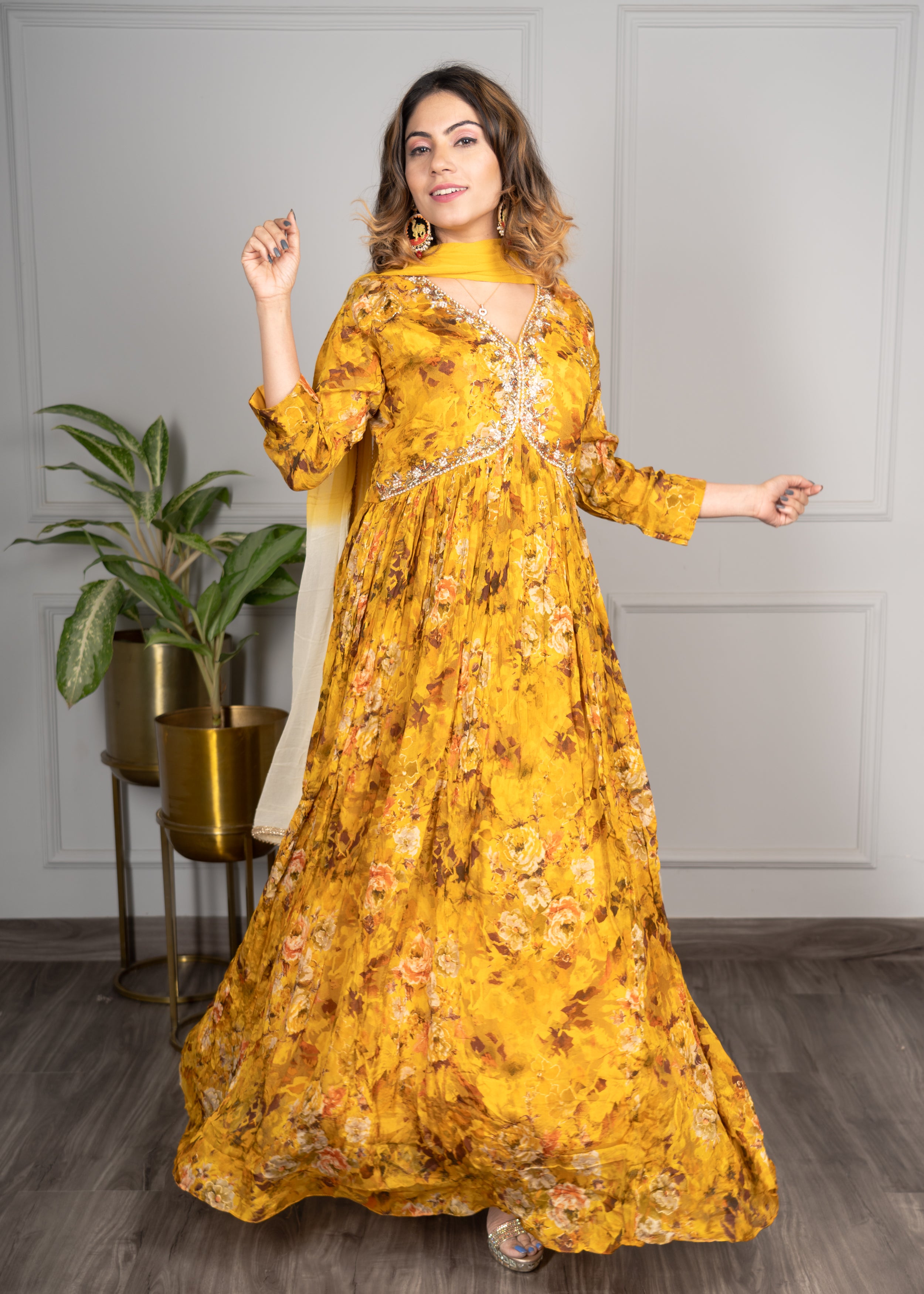 Yellow Floral Alia Cut Anarkali with Stylish Duppata💛