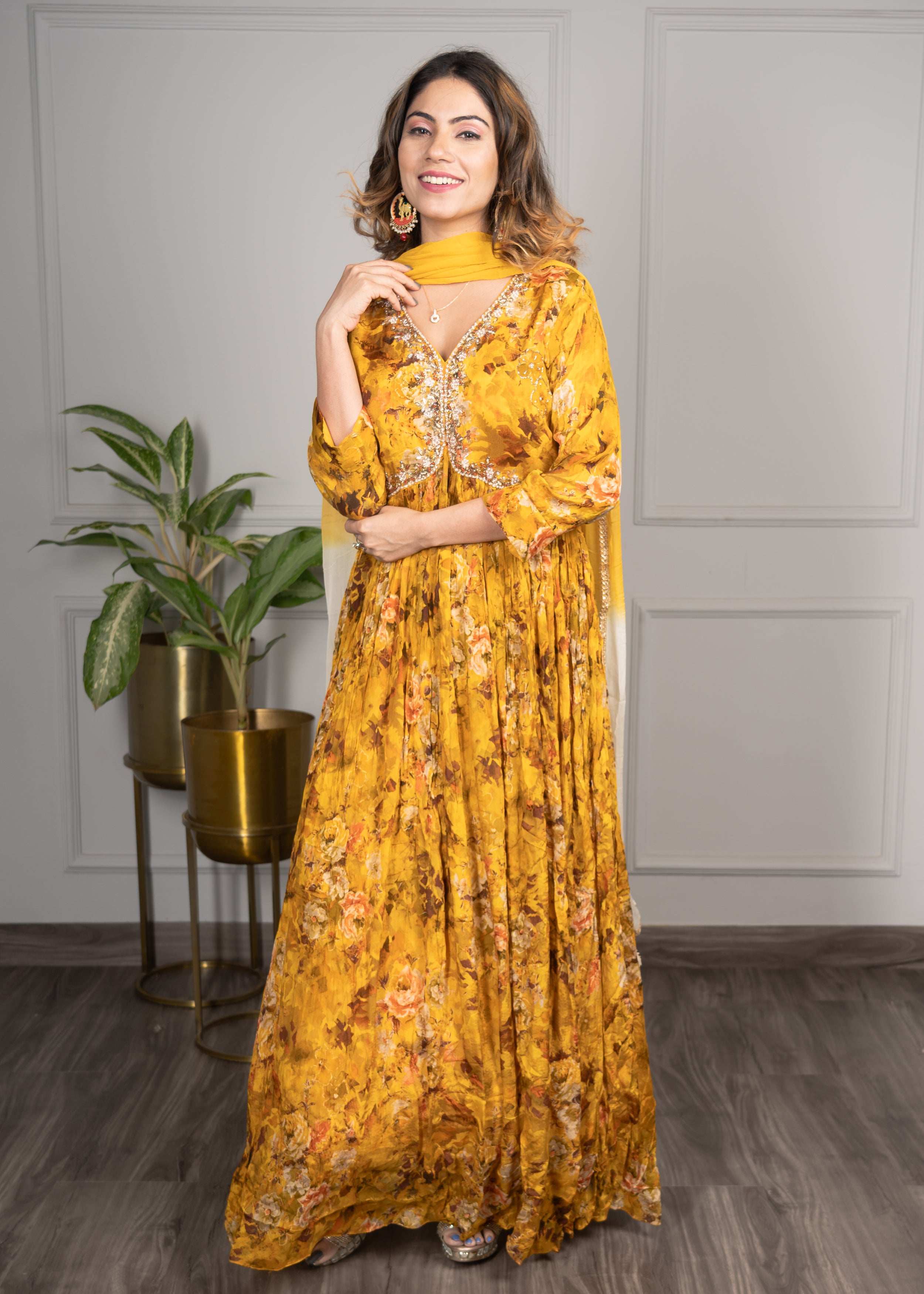 Yellow Floral Alia Cut Anarkali with Stylish Duppatađź’›