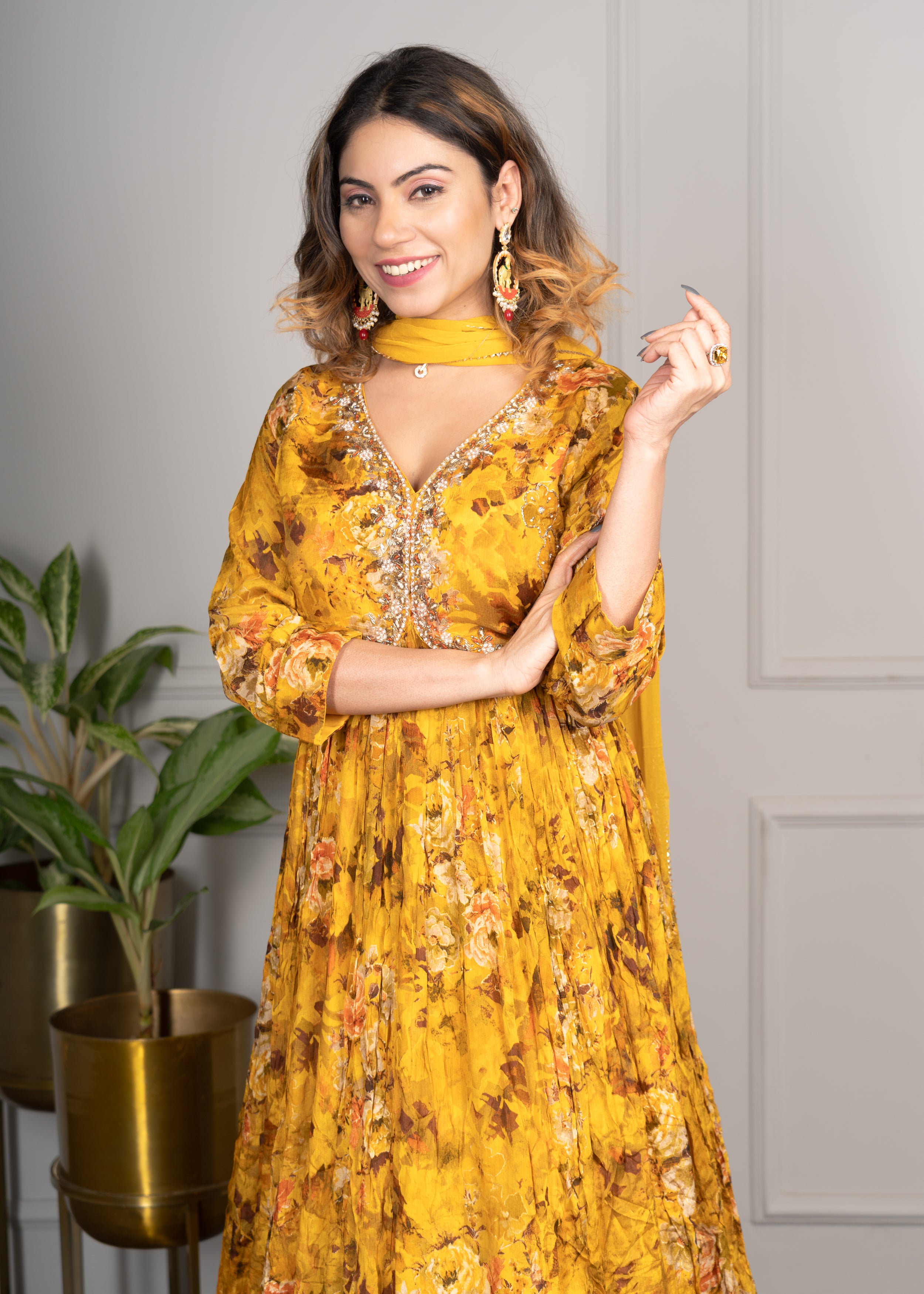 Yellow Floral Alia Cut Anarkali with Stylish Duppatađź’›