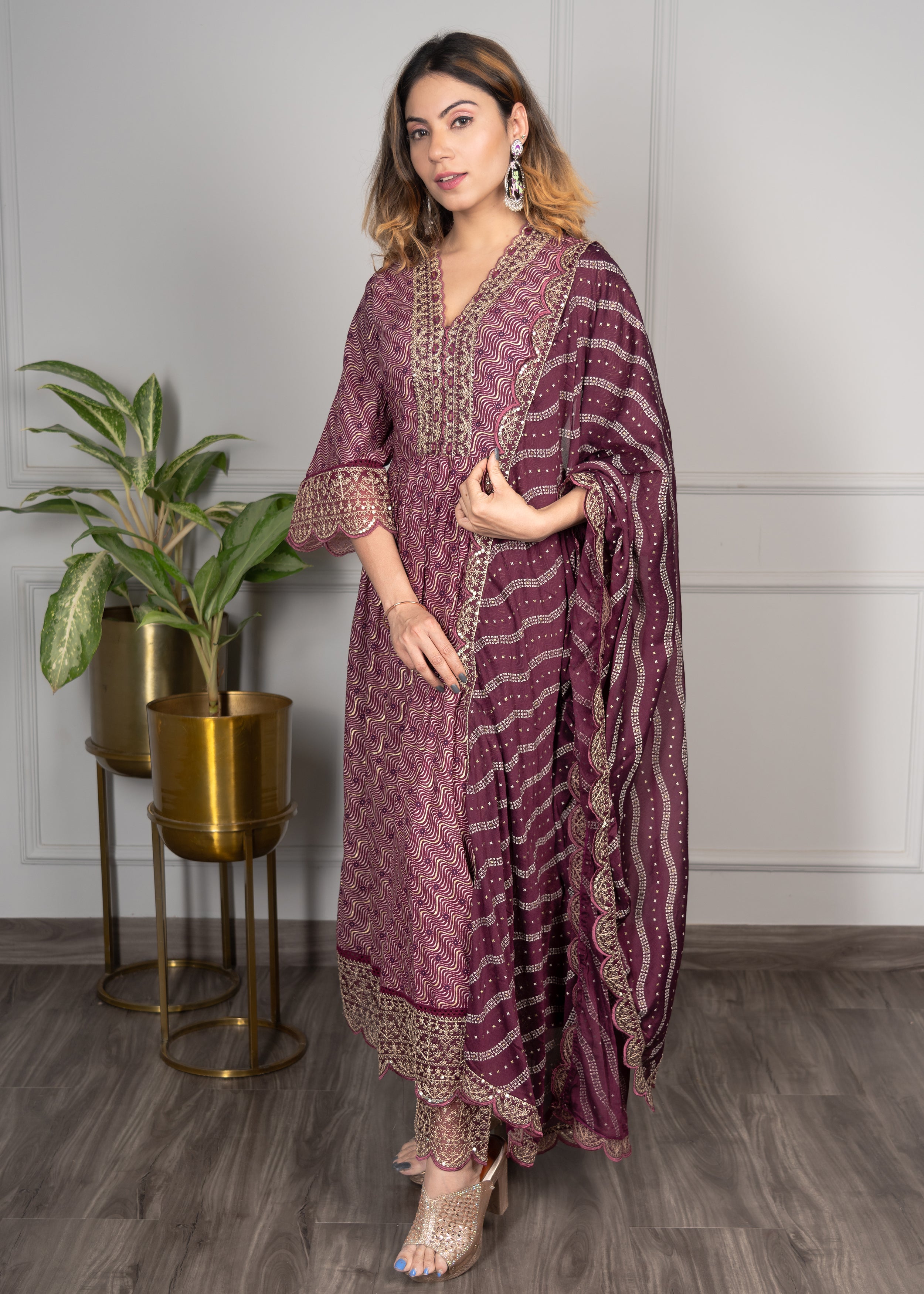 Wine Heavy Embroidered Pakistani straight Suit