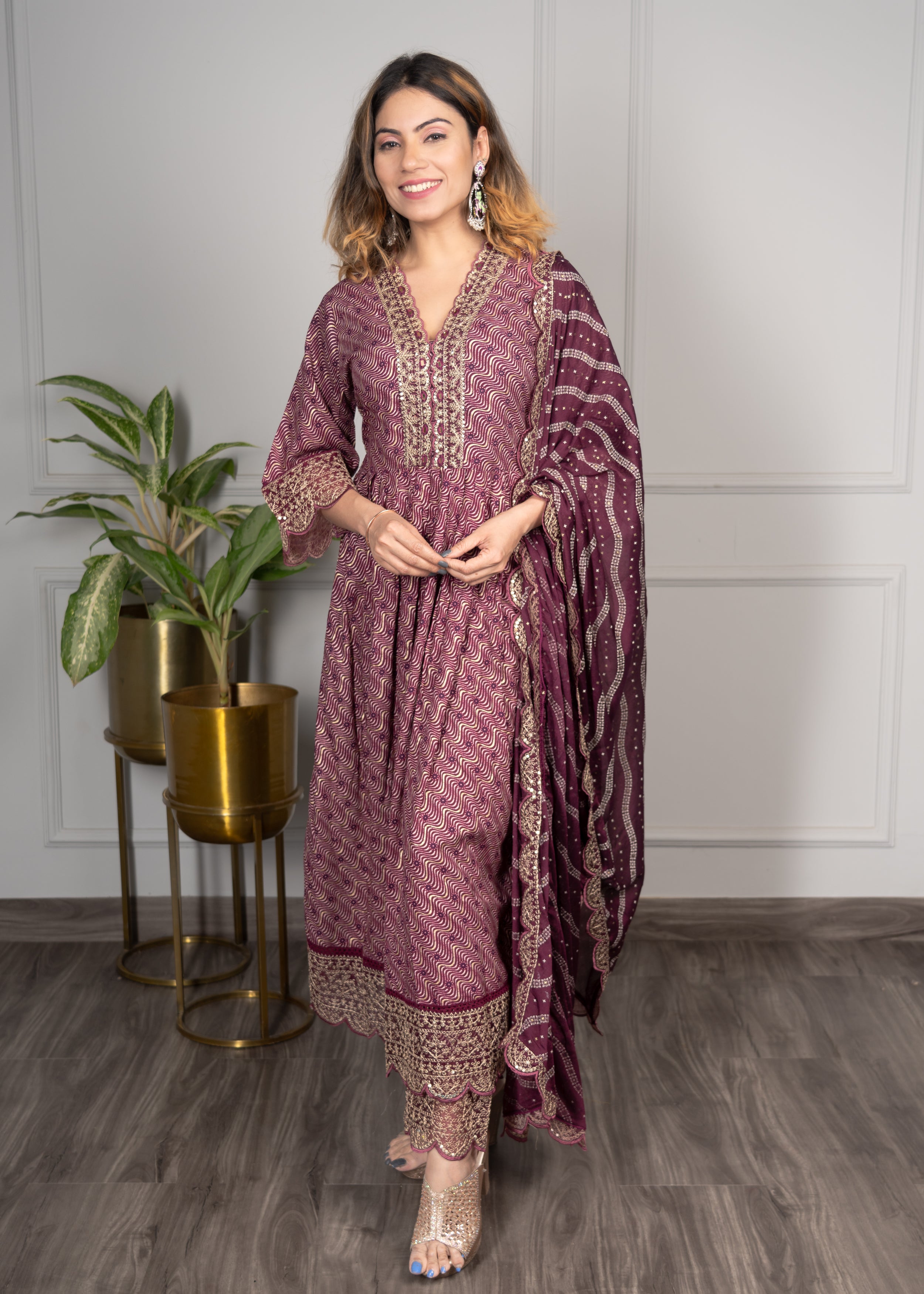 Wine Heavy Embroidered Pakistani straight Suit