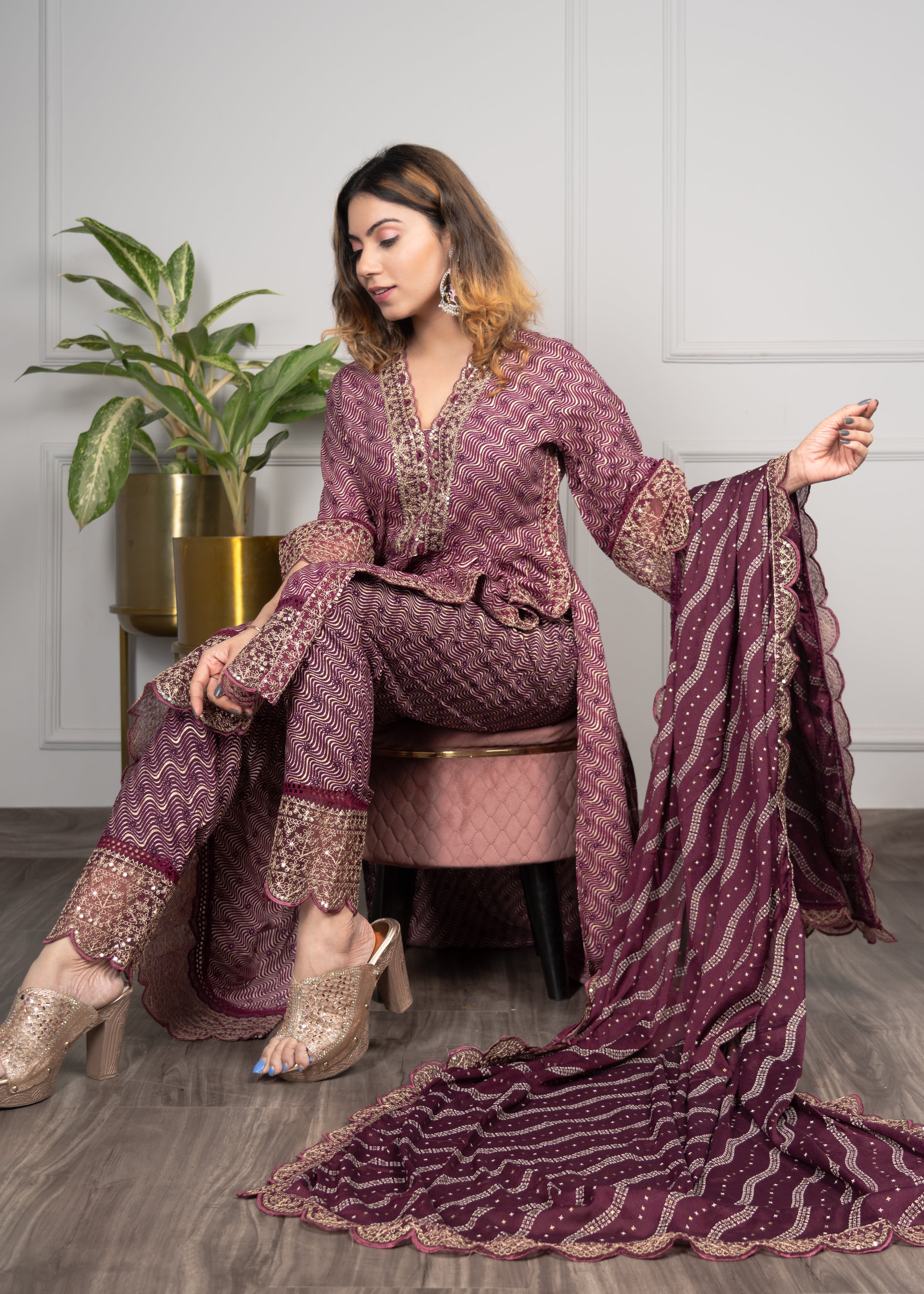Wine Heavy Embroidered Pakistani straight Suit