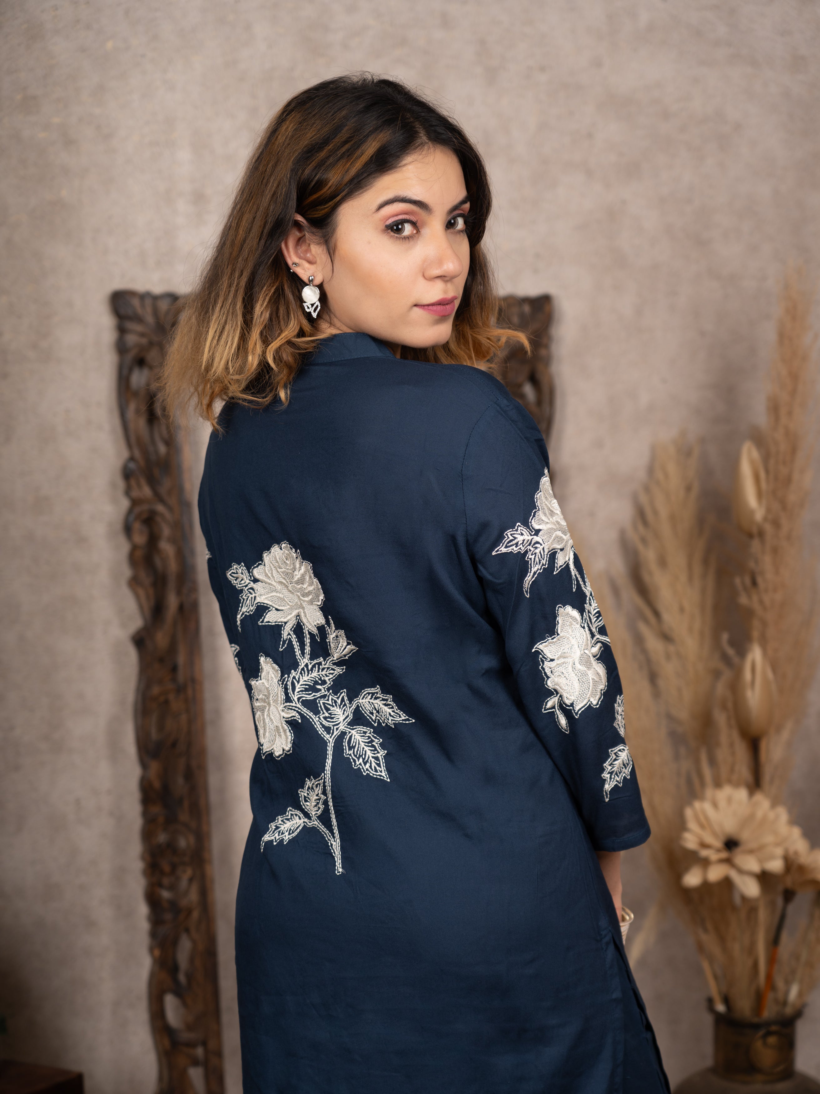 Blue Embroidered Straight Kurta Set