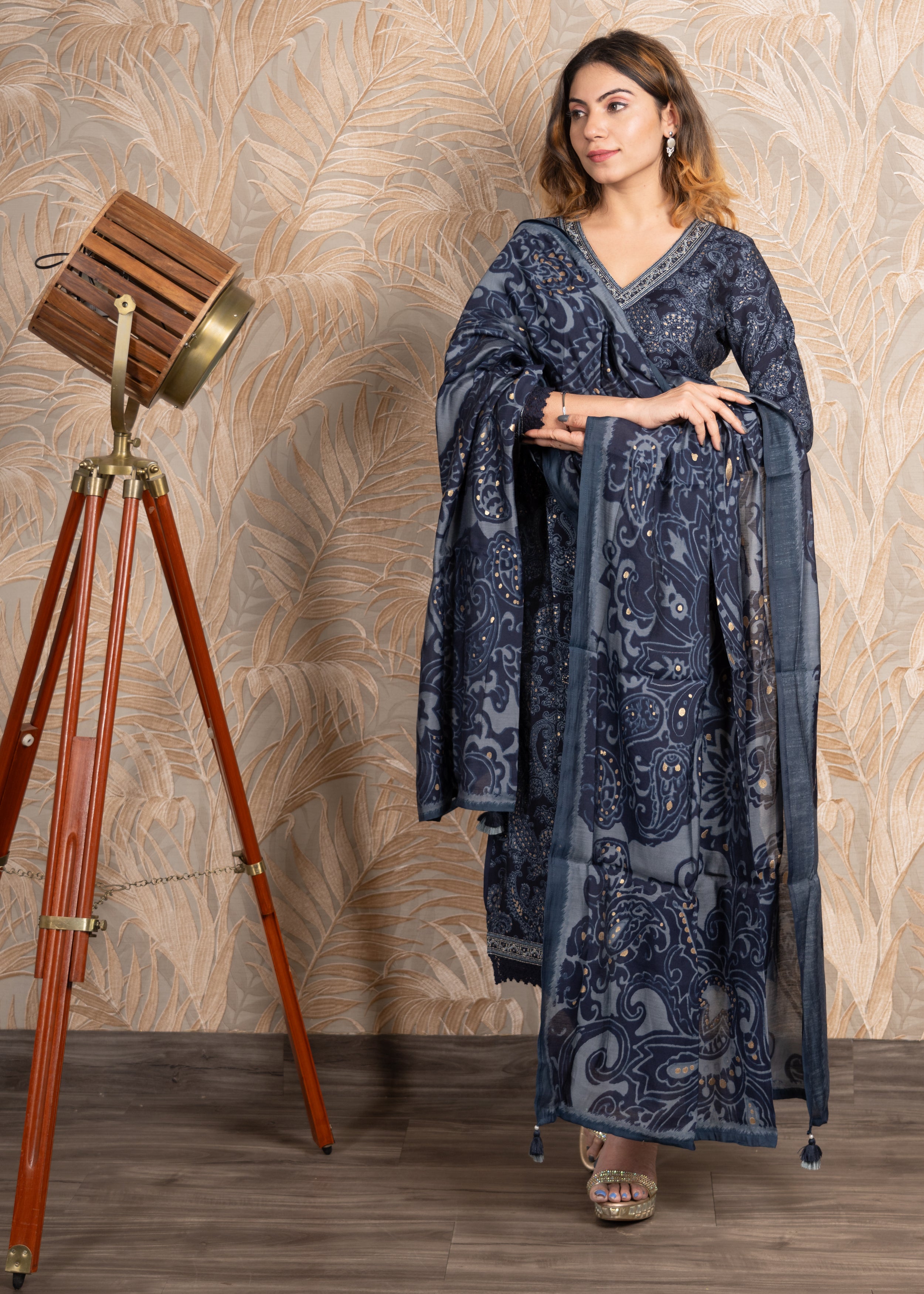 Blue printed straight kurta with Afghani Salwar