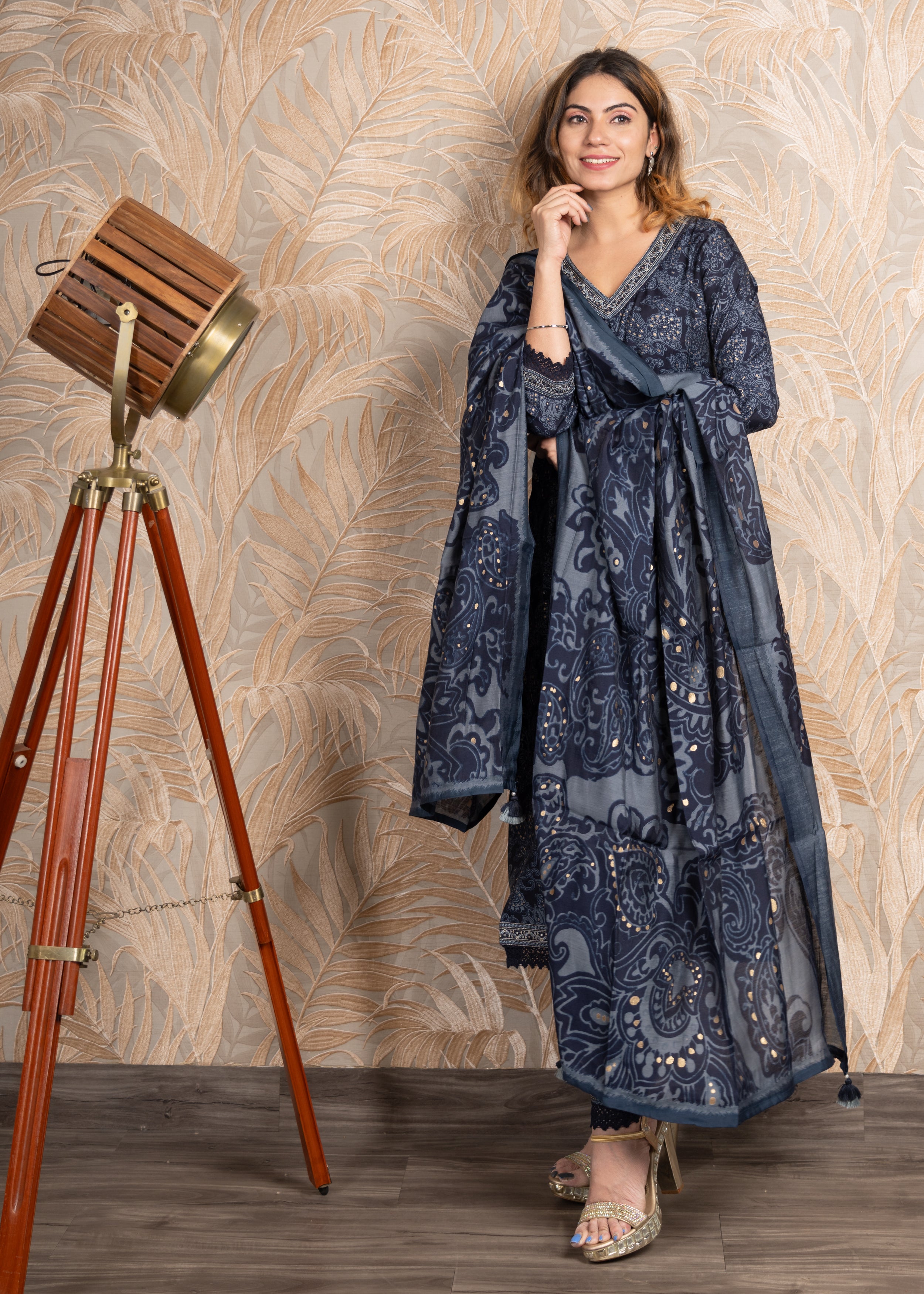 Blue printed straight kurta with Afghani Salwar