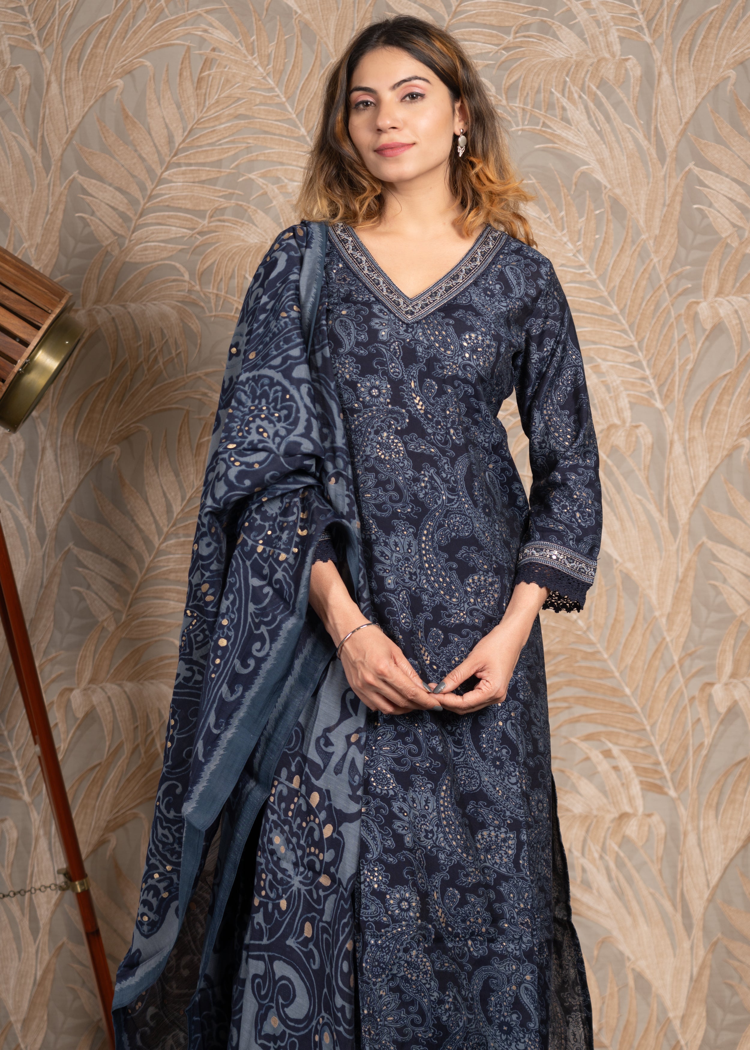 Blue printed straight kurta with Afghani Salwar