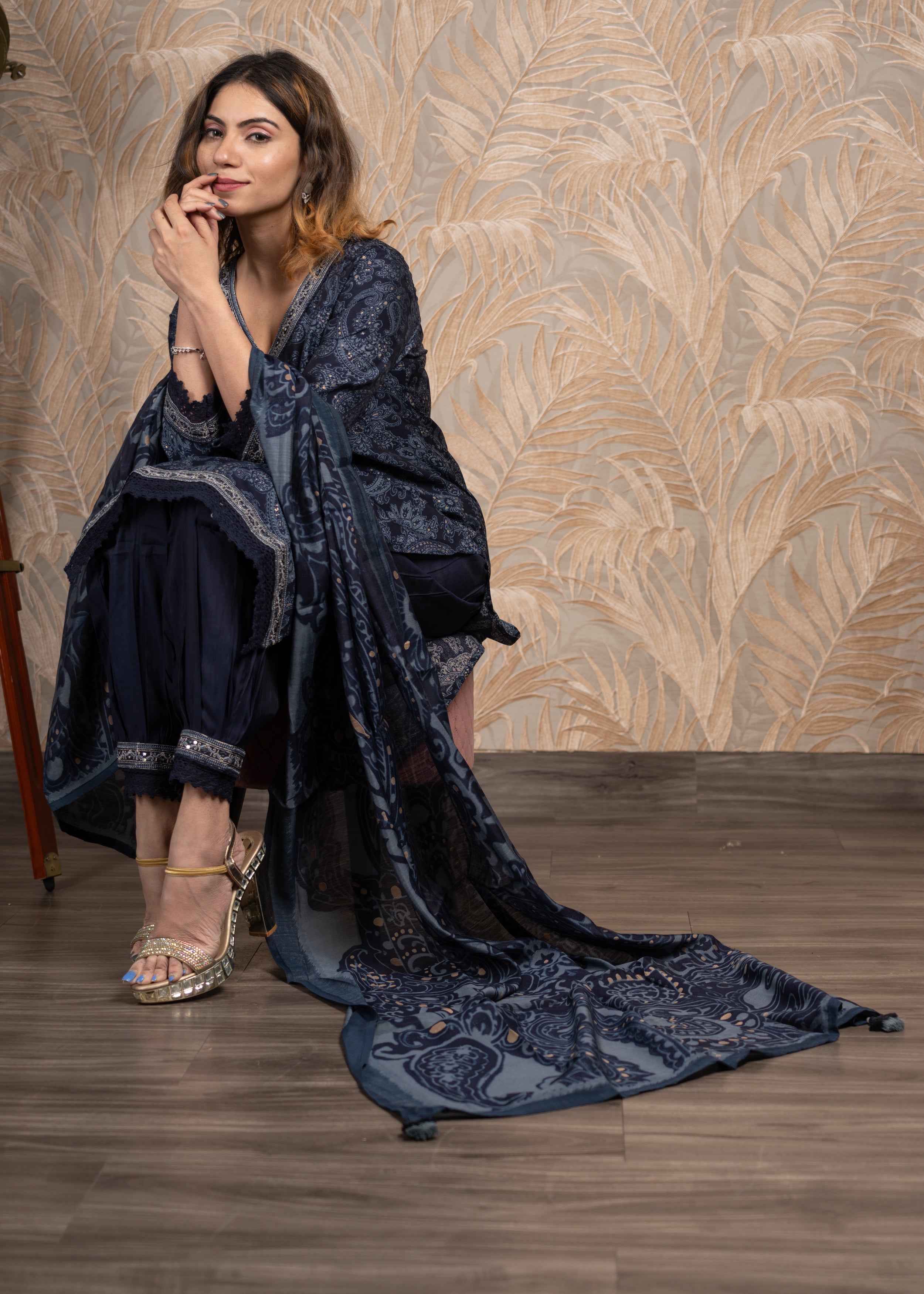 Blue printed straight kurta with Afghani Salwar