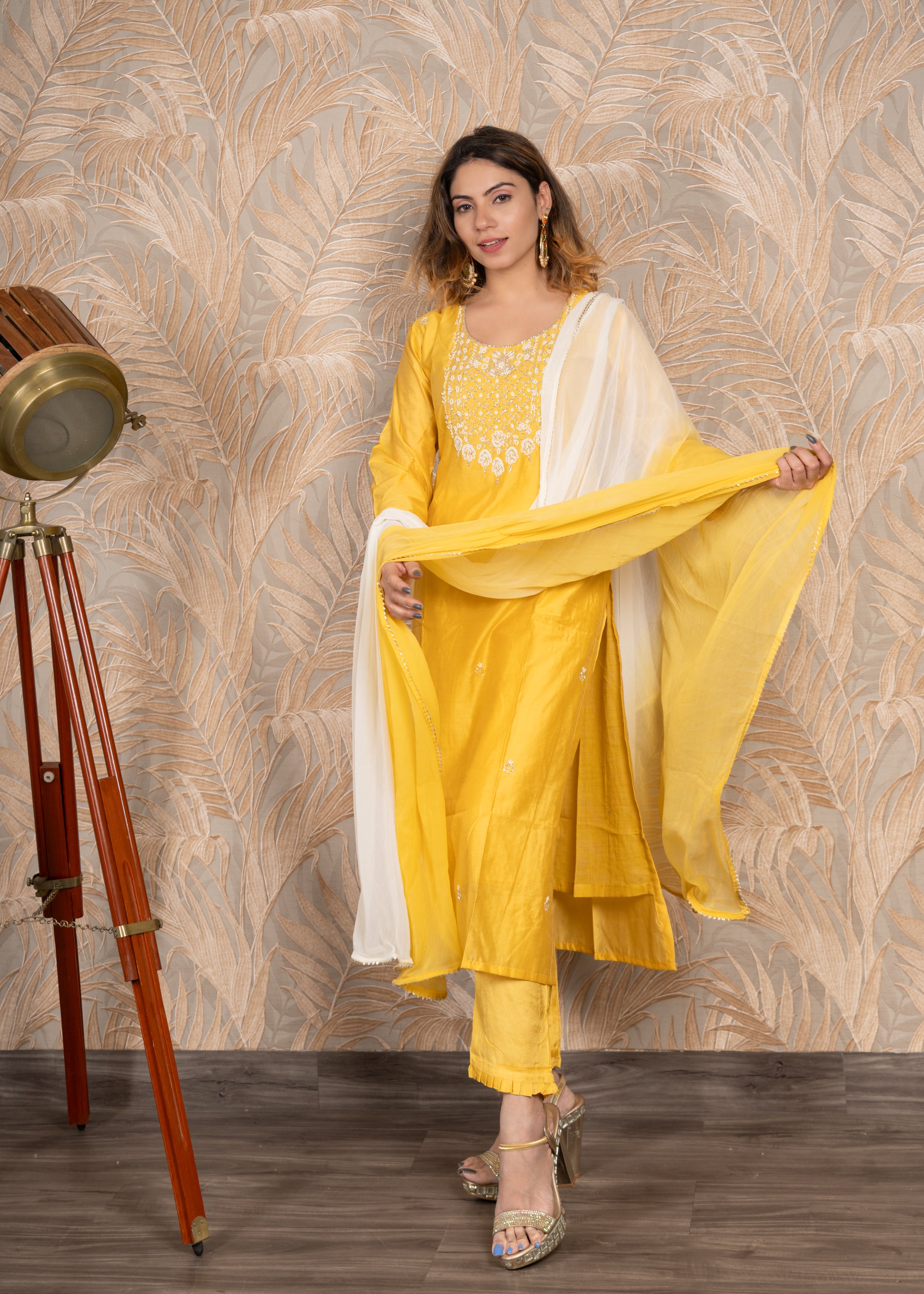 Yellow A-Line Straight Kurta Set