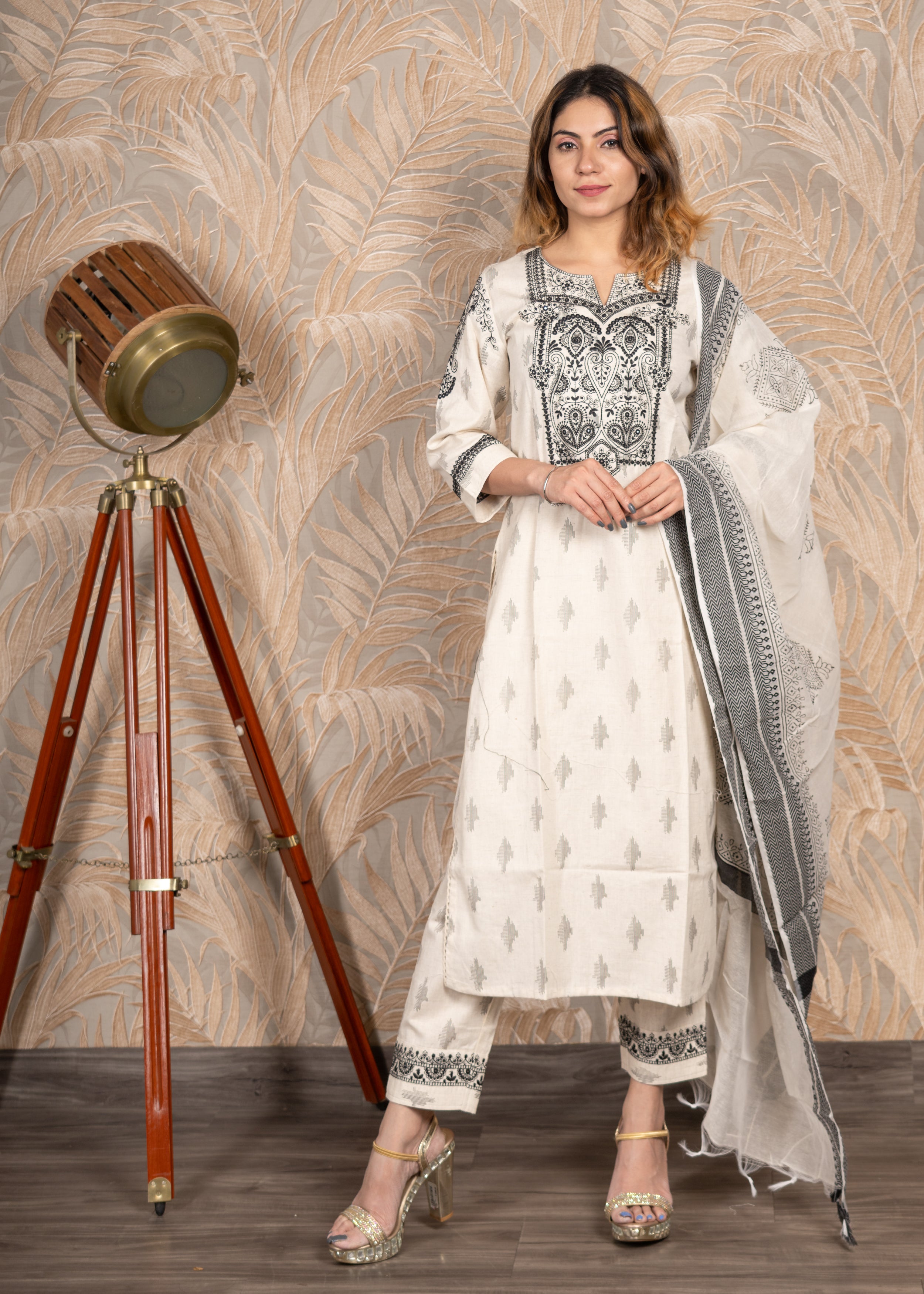 White & Black Straight Kurta Set