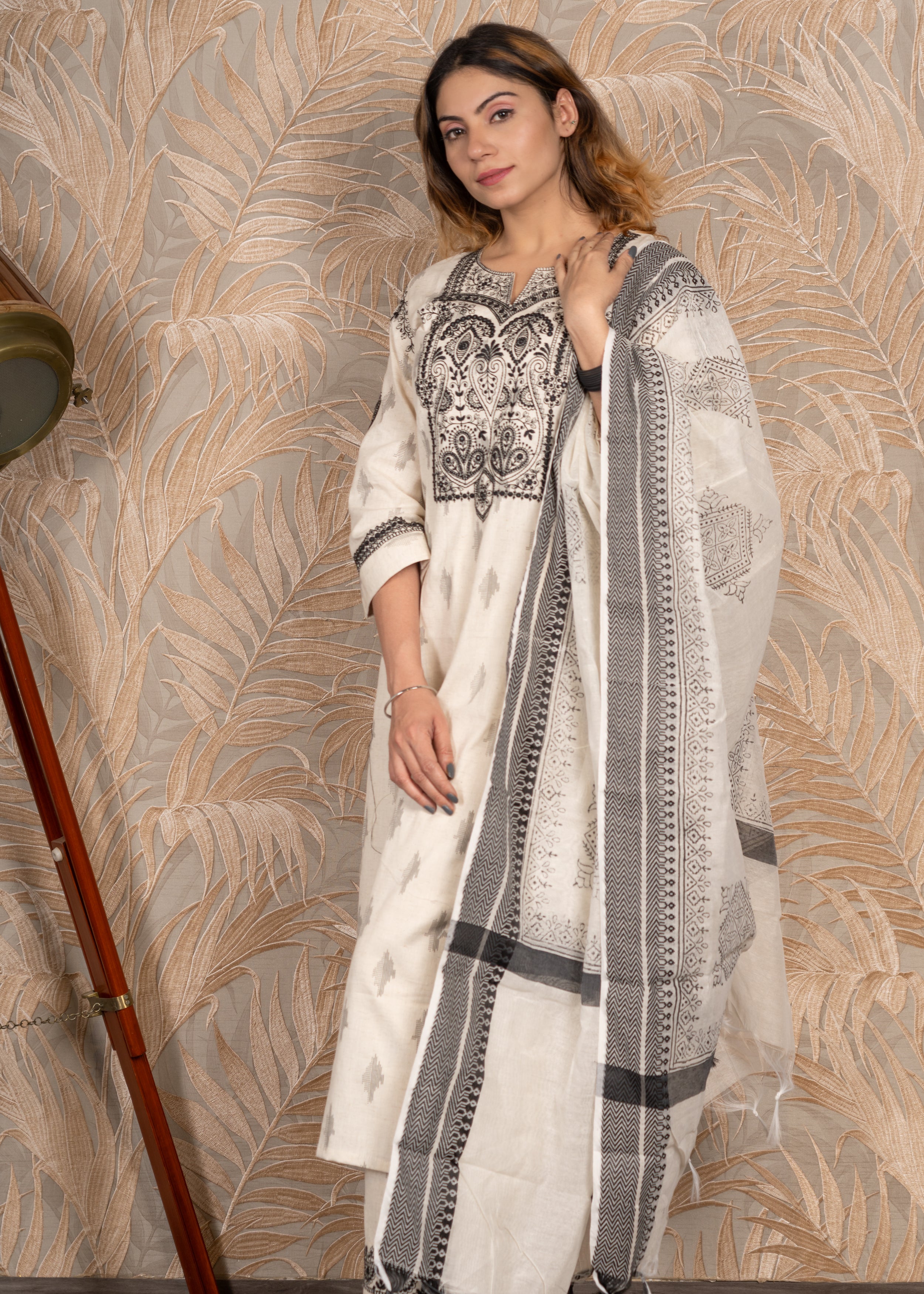 White & Black Straight Kurta Set