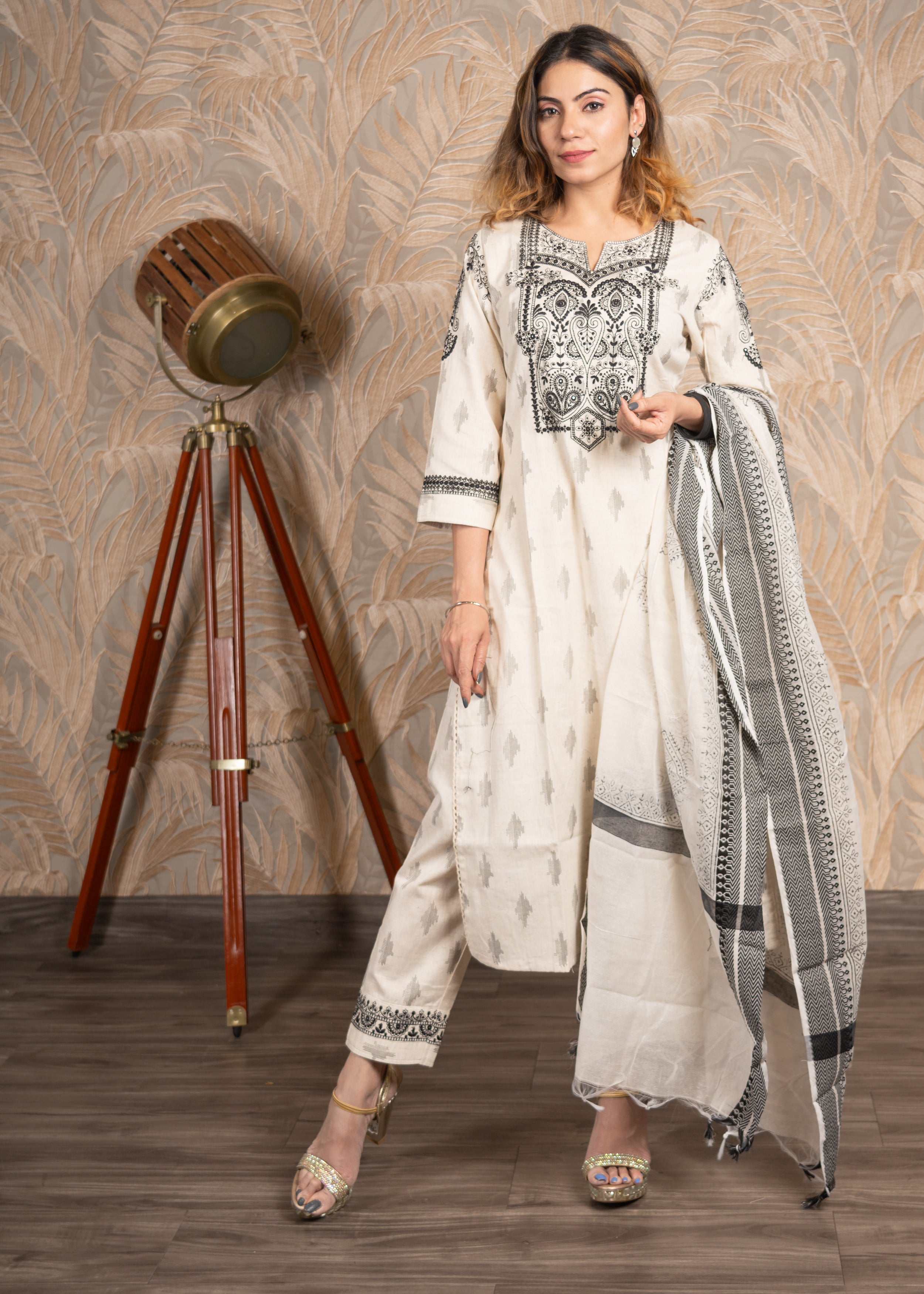 White & Black Straight Kurta Set