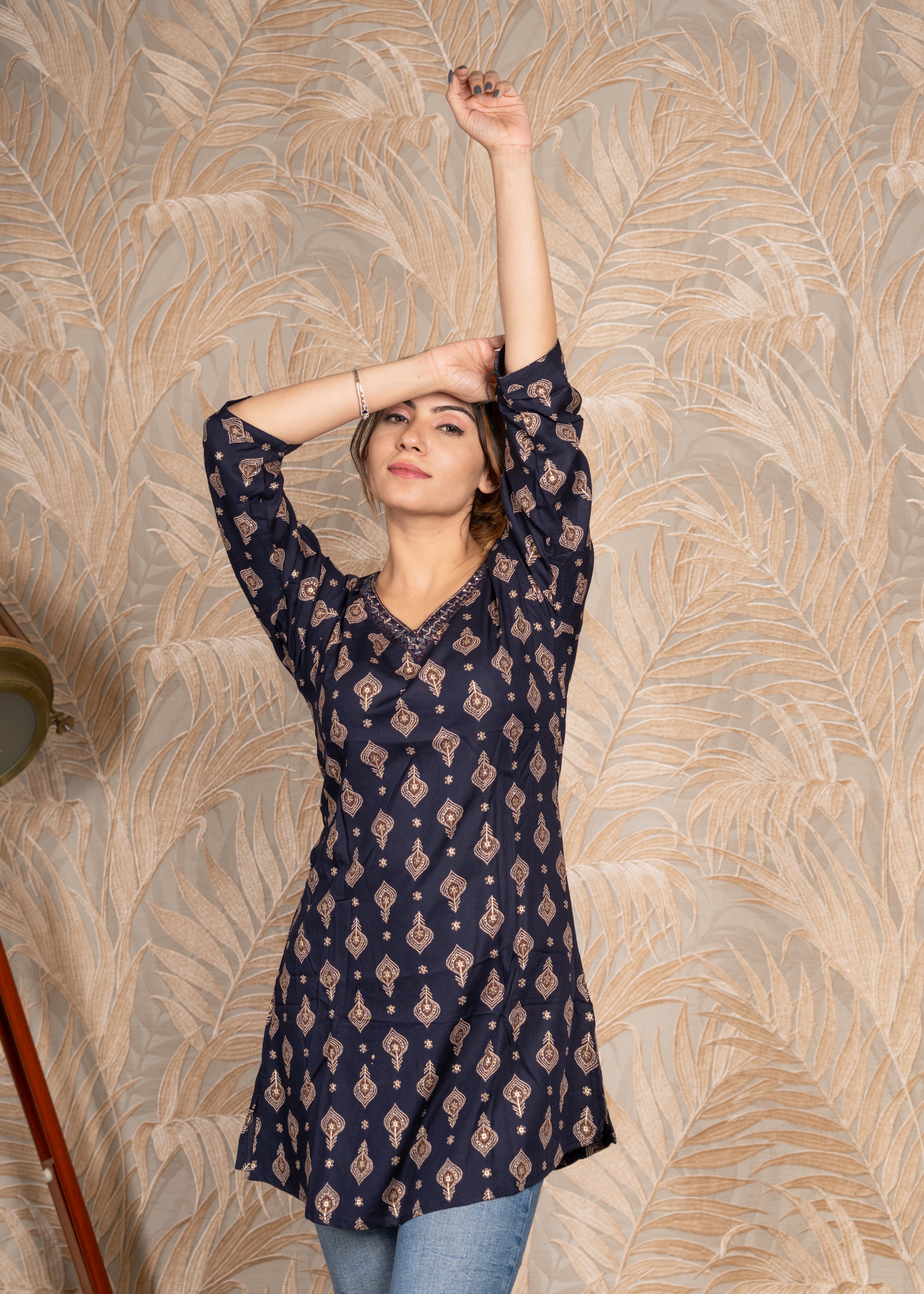 Blue V Neck Mirror Work Kurti With 3D Block Print