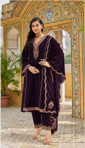 Vintage Purple Velvet Embroidery V Neck Suit Set
