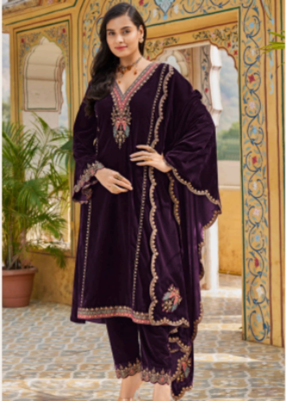 Vintage Purple Velvet Embroidery V-Neck Suit Set