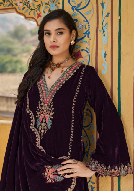 Vintage Purple Velvet Embroidery V Neck Suit Set