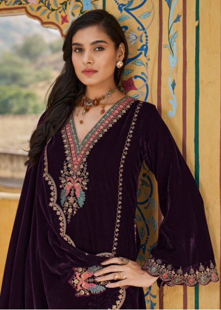 Vintage Purple Velvet Embroidery V-Neck Suit Set