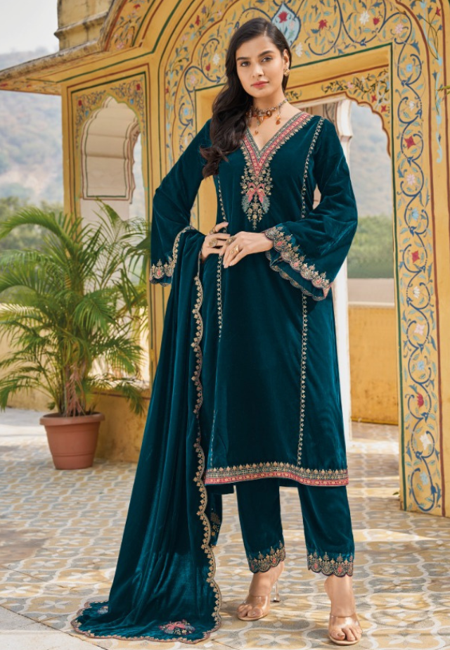 Vintage Blue Velvet Embroidery V Neck Suit Set