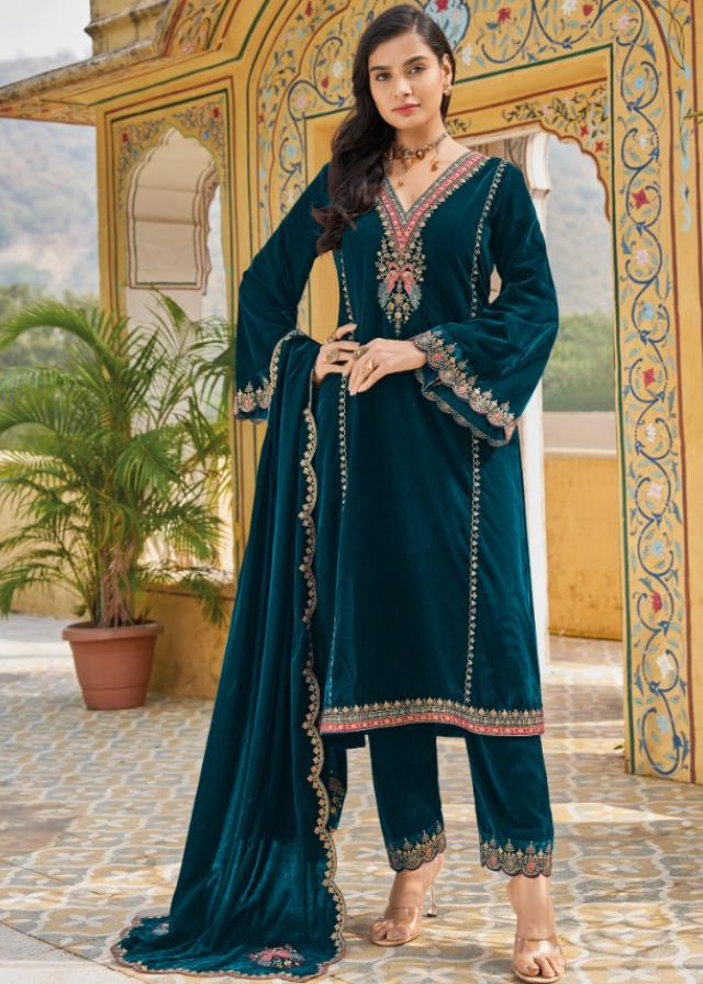 Vintage Blue Velvet Embroidery V-Neck Suit Set