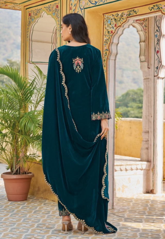 Vintage Blue Velvet Embroidery V Neck Suit Set