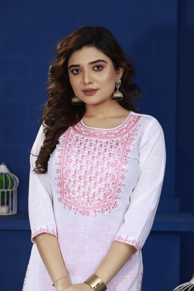 White Pure Cotton Kurti with Mirror work