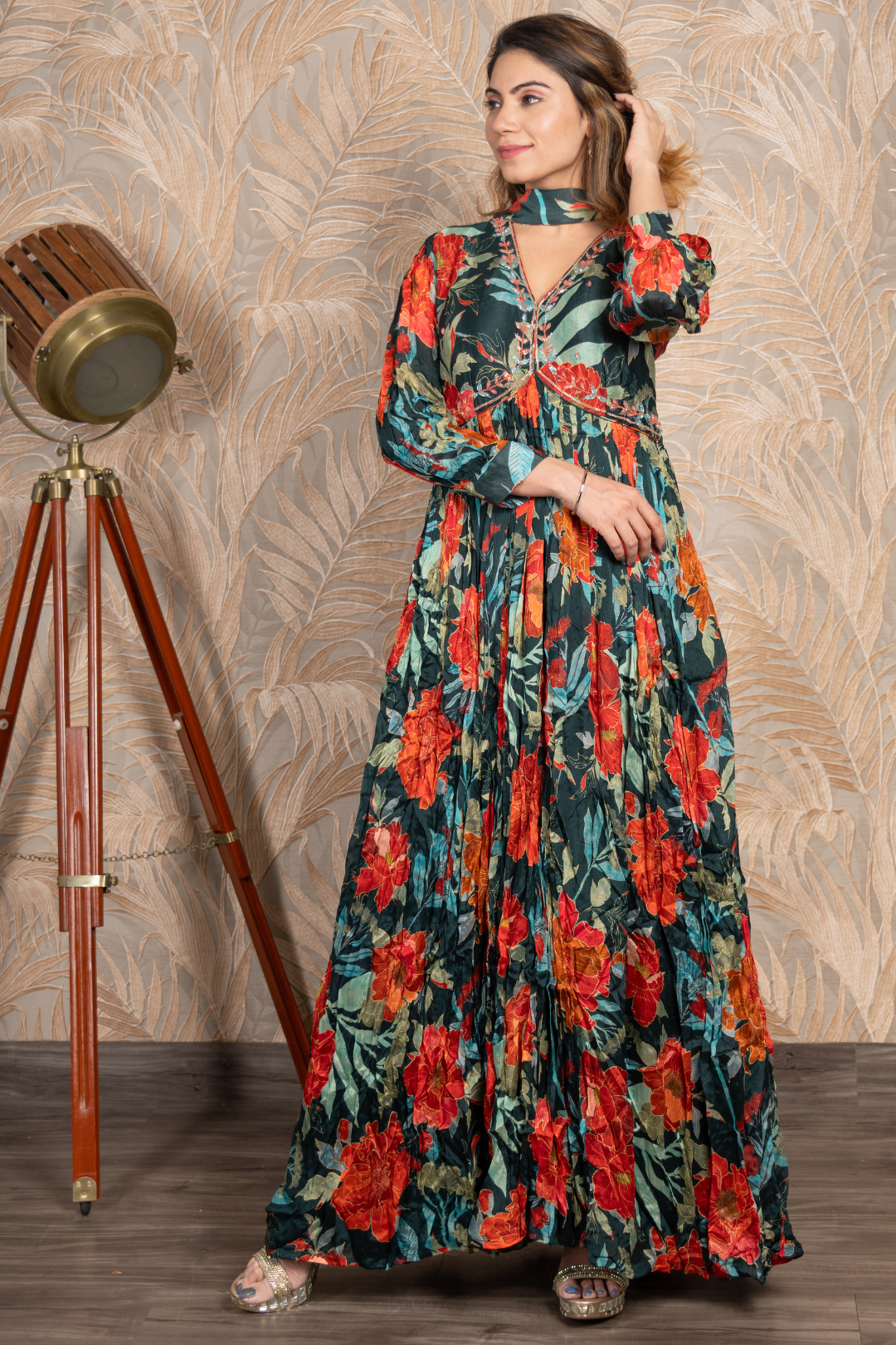 Green Floral Alia Cut Anarkali with Stylish Dupatta