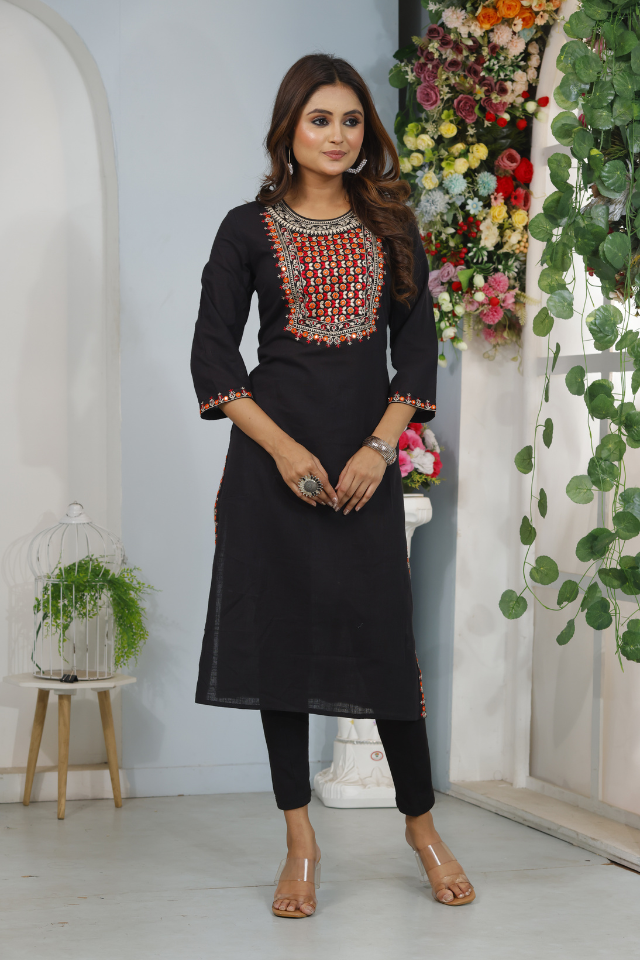 Black Pure Cotton kurti with Mirror work