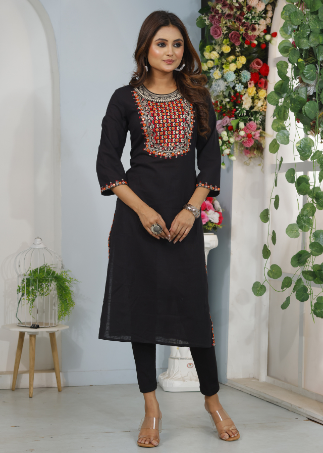 Black Pure Cotton Kurti With Mirror Work