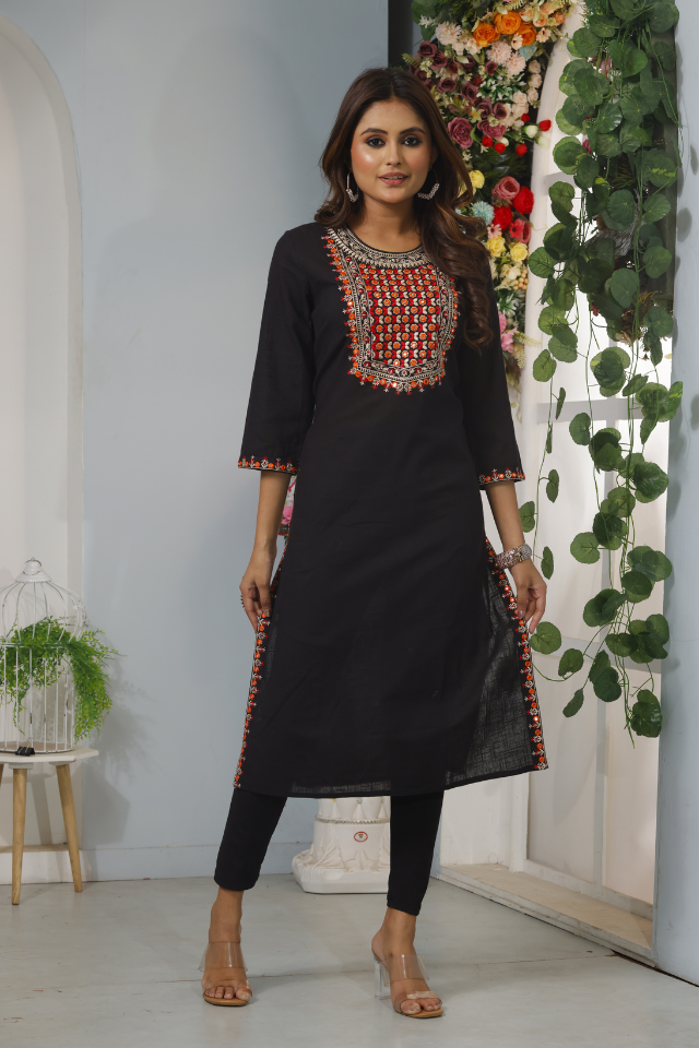 Black Pure Cotton kurti with Mirror work