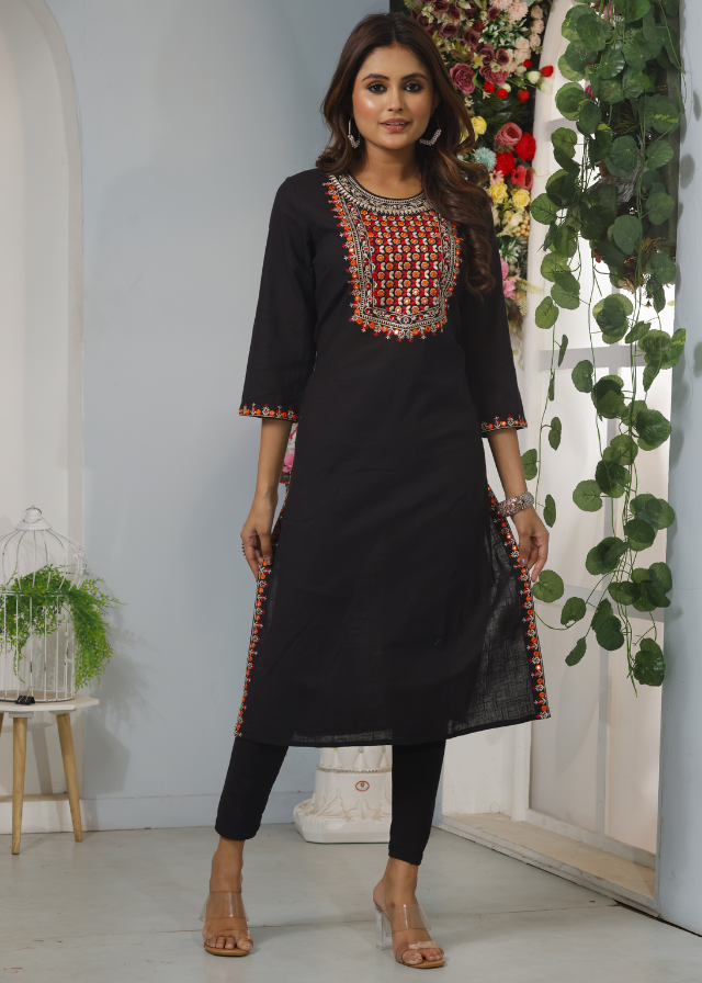 Black Pure Cotton Kurti With Mirror Work