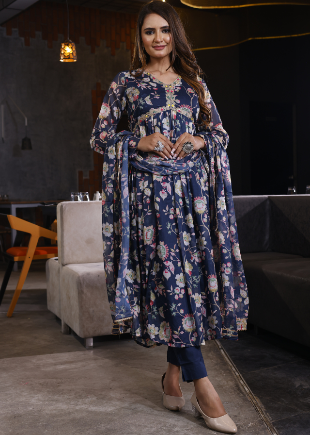 Blue Suit Set Featuring Floral Design In Elegant Chinon Fabric.