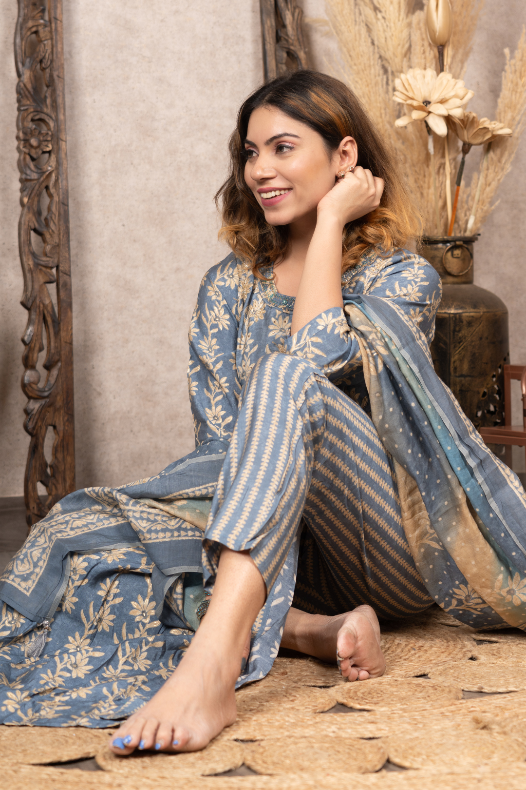 Blue Embroidered Nyra Cut Suit Set