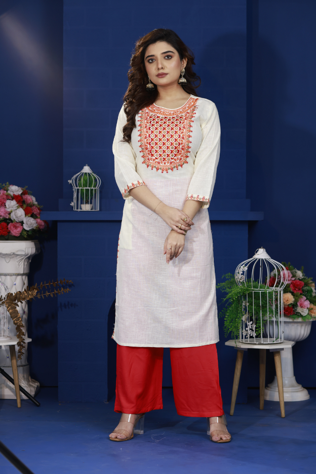 White Pure Cotton Kurti with Mirror work
