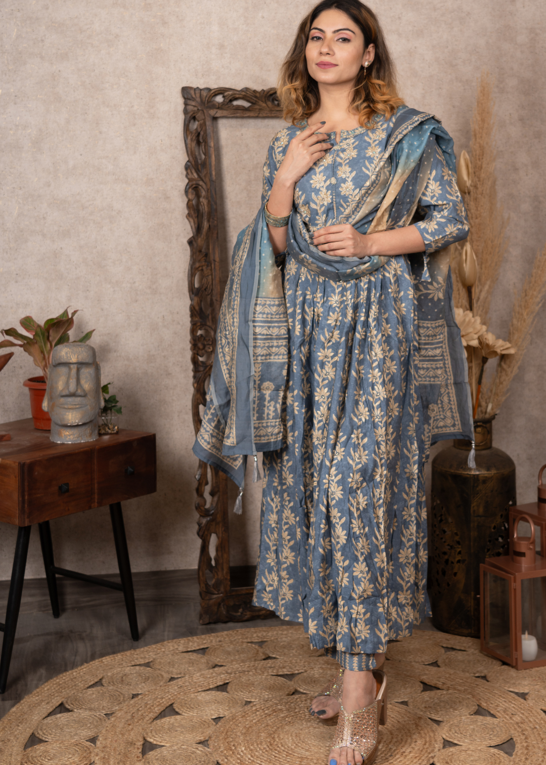 Blue Embroidered Naira Cut Suit Set
