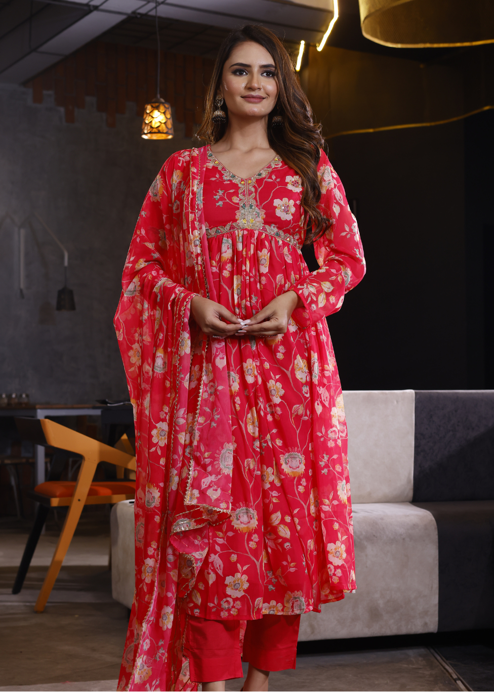Red Suit Set Featuring Floral Design In Elegant Chinon Fabric.